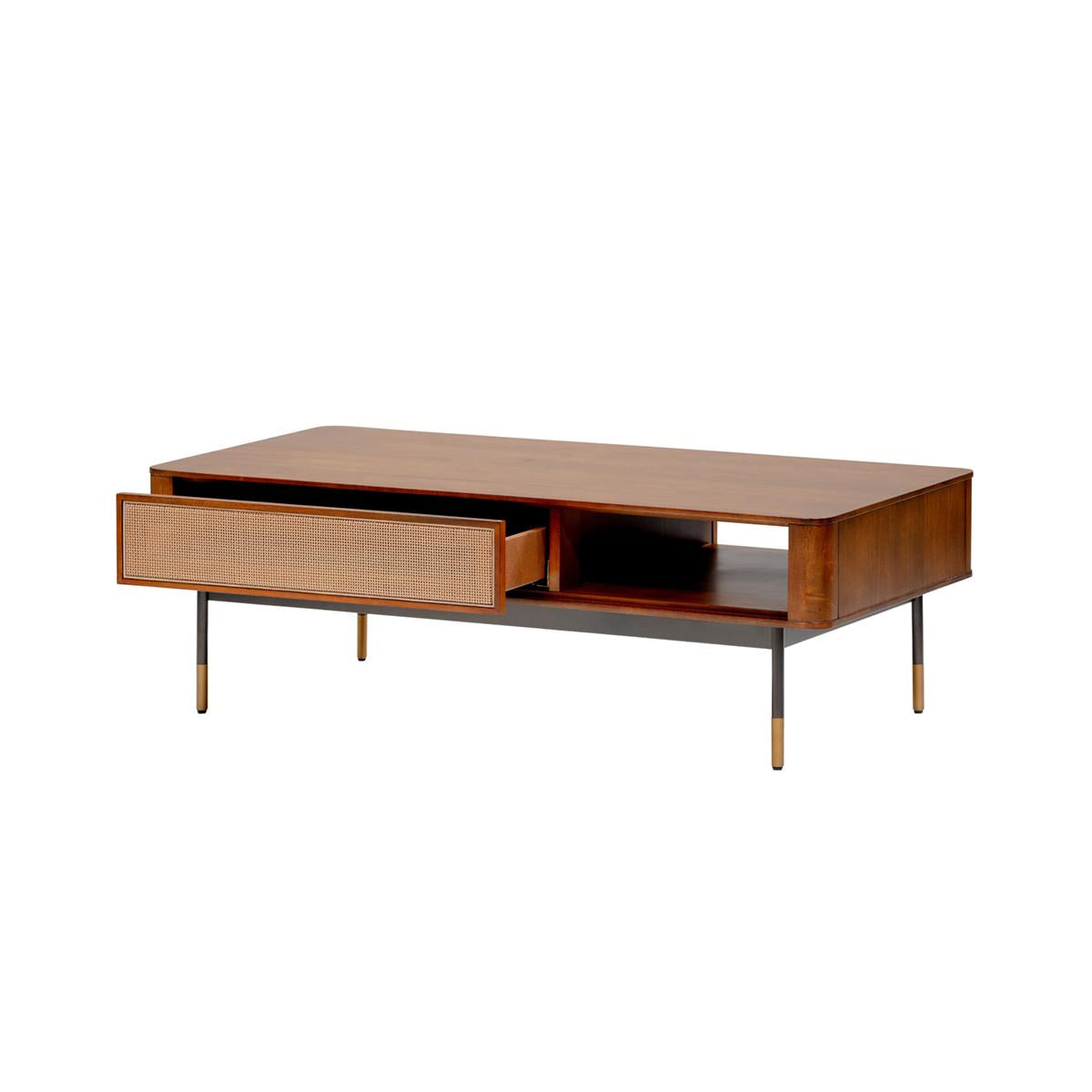 Modern Natural Brown and Wicker Coffee Table with Storage