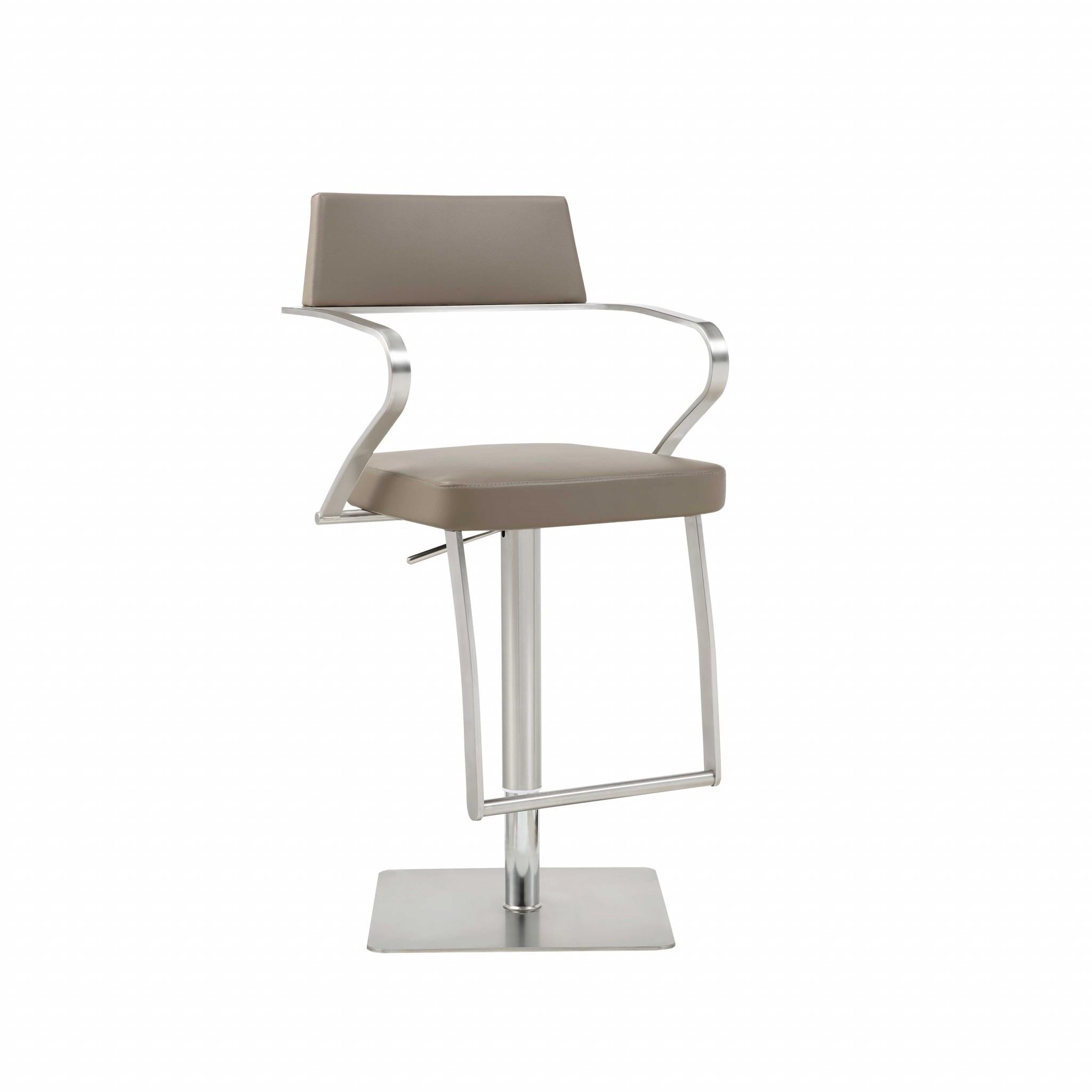 Modern Taupe Faux Leather Adjustable Barstool with Arms