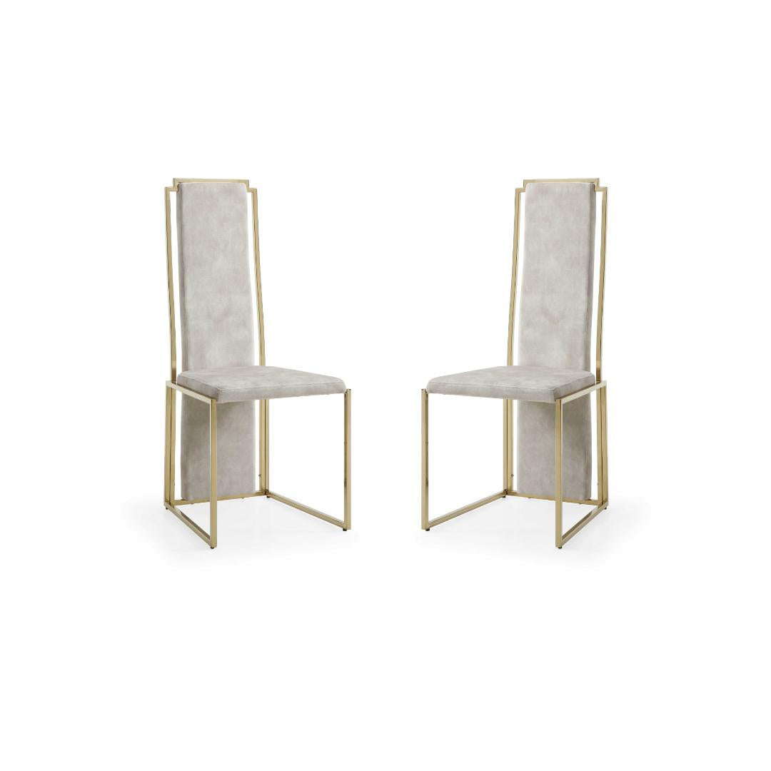 Set of 2 Ultra Modern Beige Suede and Gold Dining Chairs