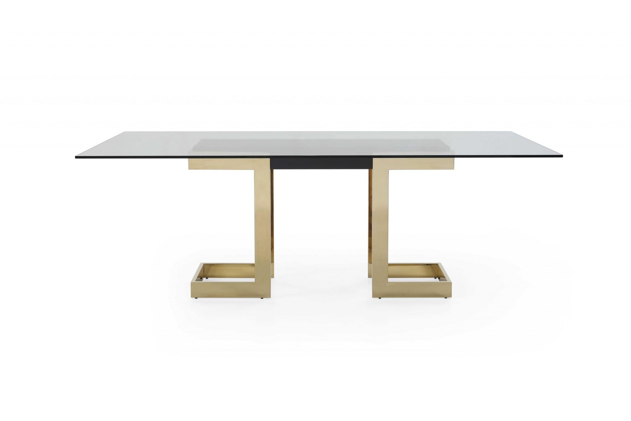 87 X 39 X 30 Polished Gold Glass Stainless Steel Dining Table