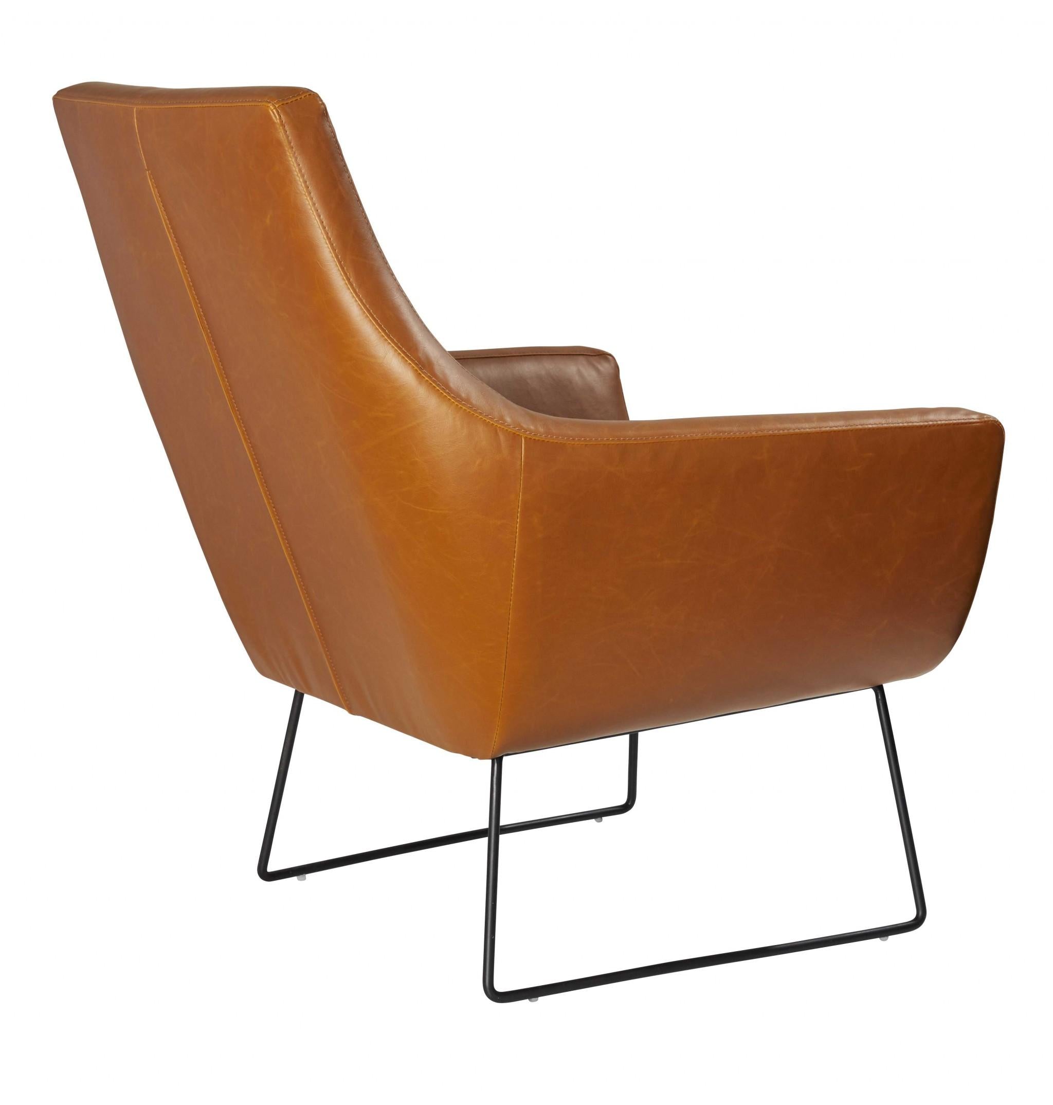 Retro Mod Distressed Camel Faux Leather Arm Chair