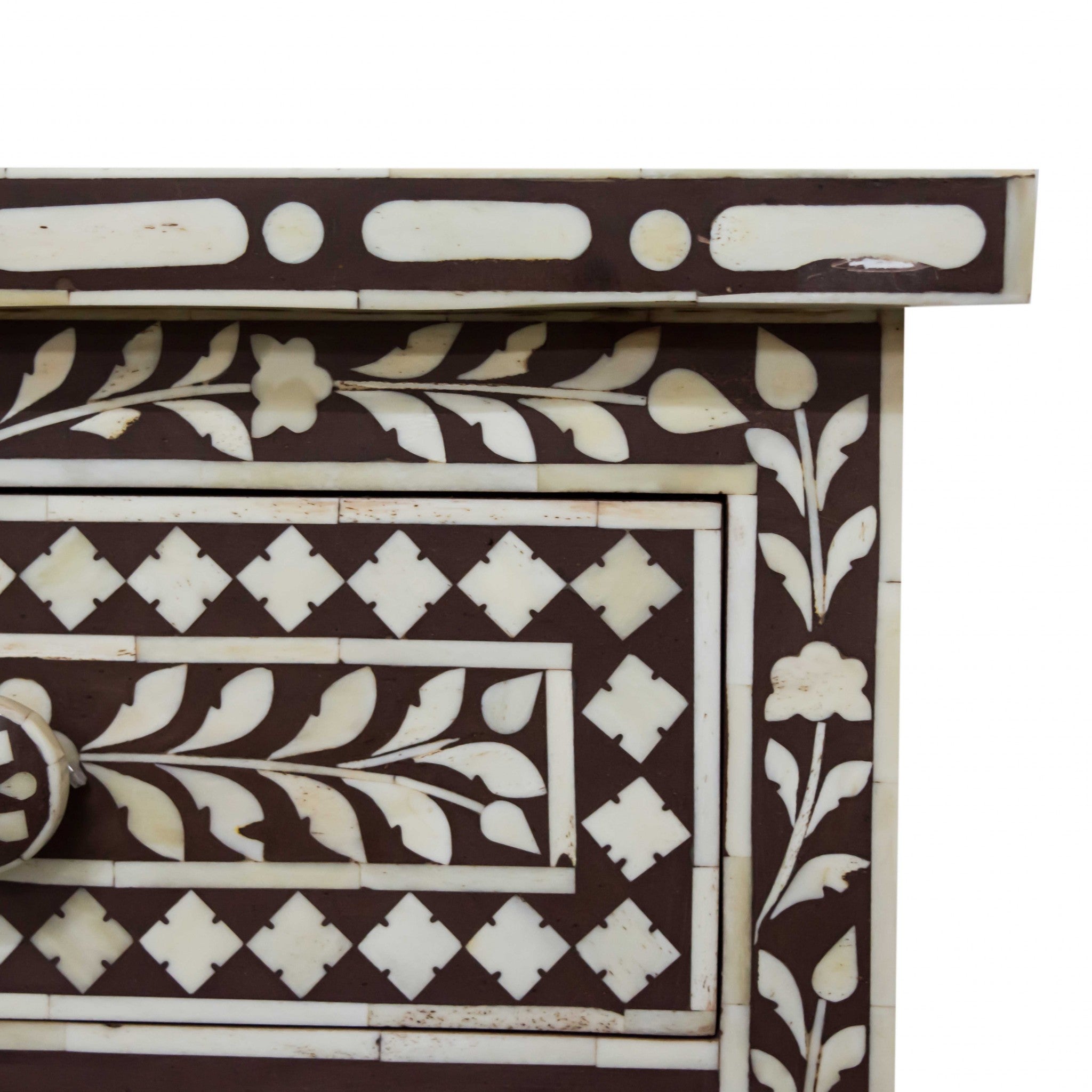 Moroccan Brown and White Bone 3 Drawer Accent Cabinet