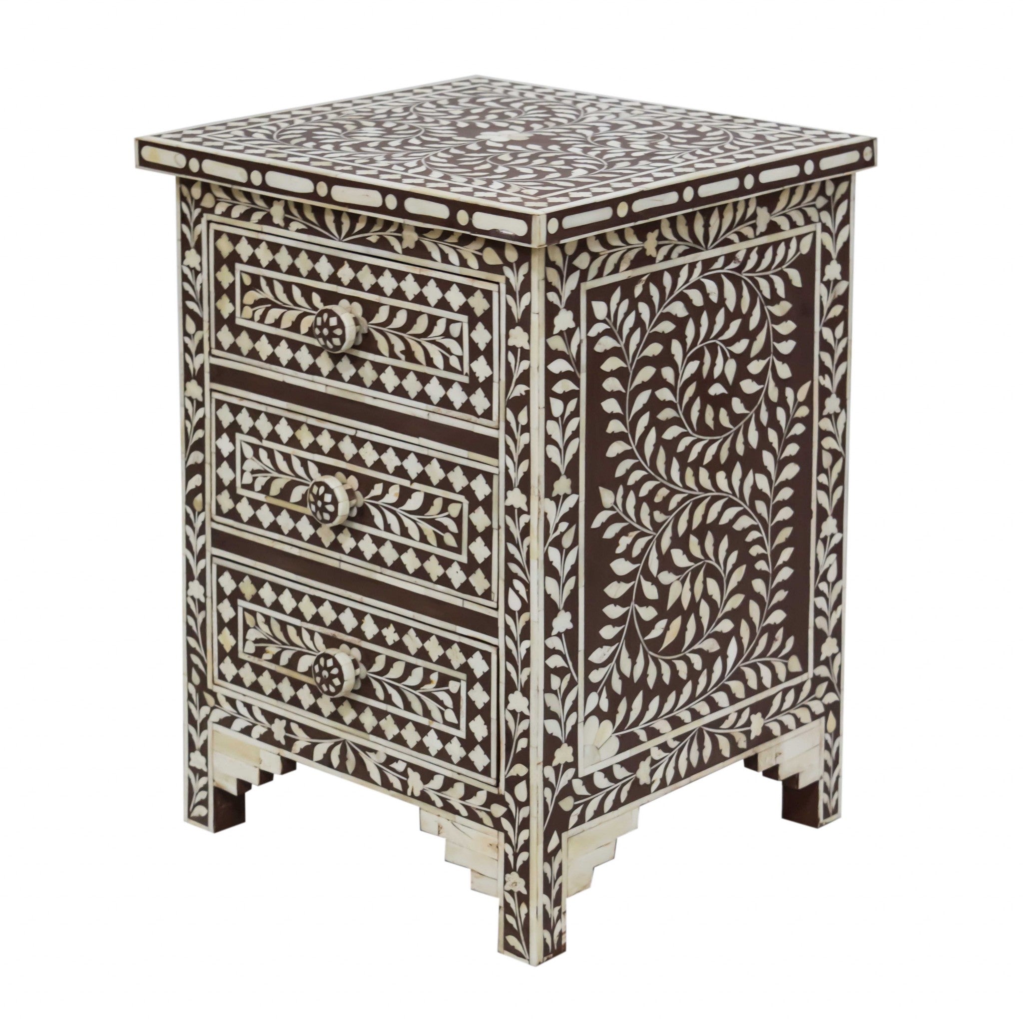 Moroccan Brown and White Bone 3 Drawer Accent Cabinet