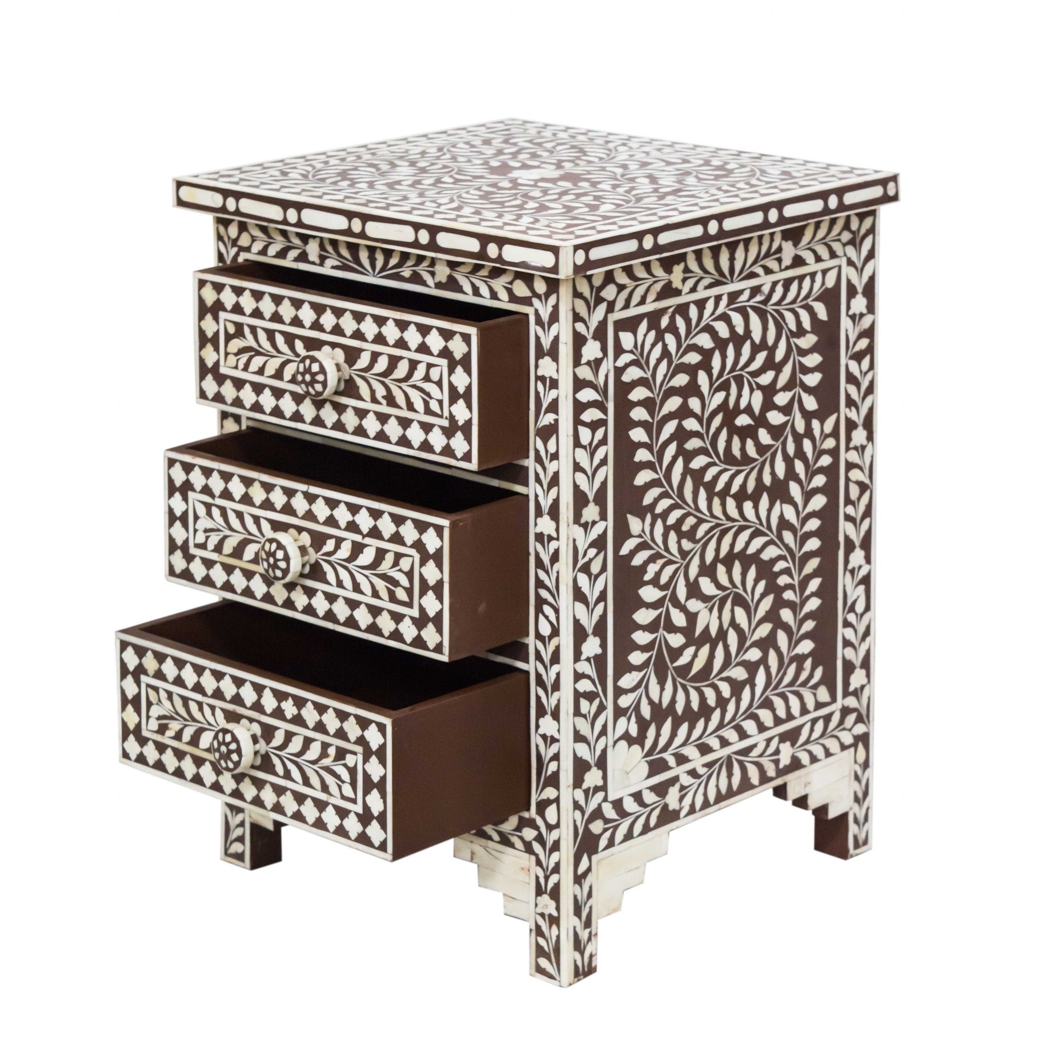 Moroccan Brown and White Bone 3 Drawer Accent Cabinet