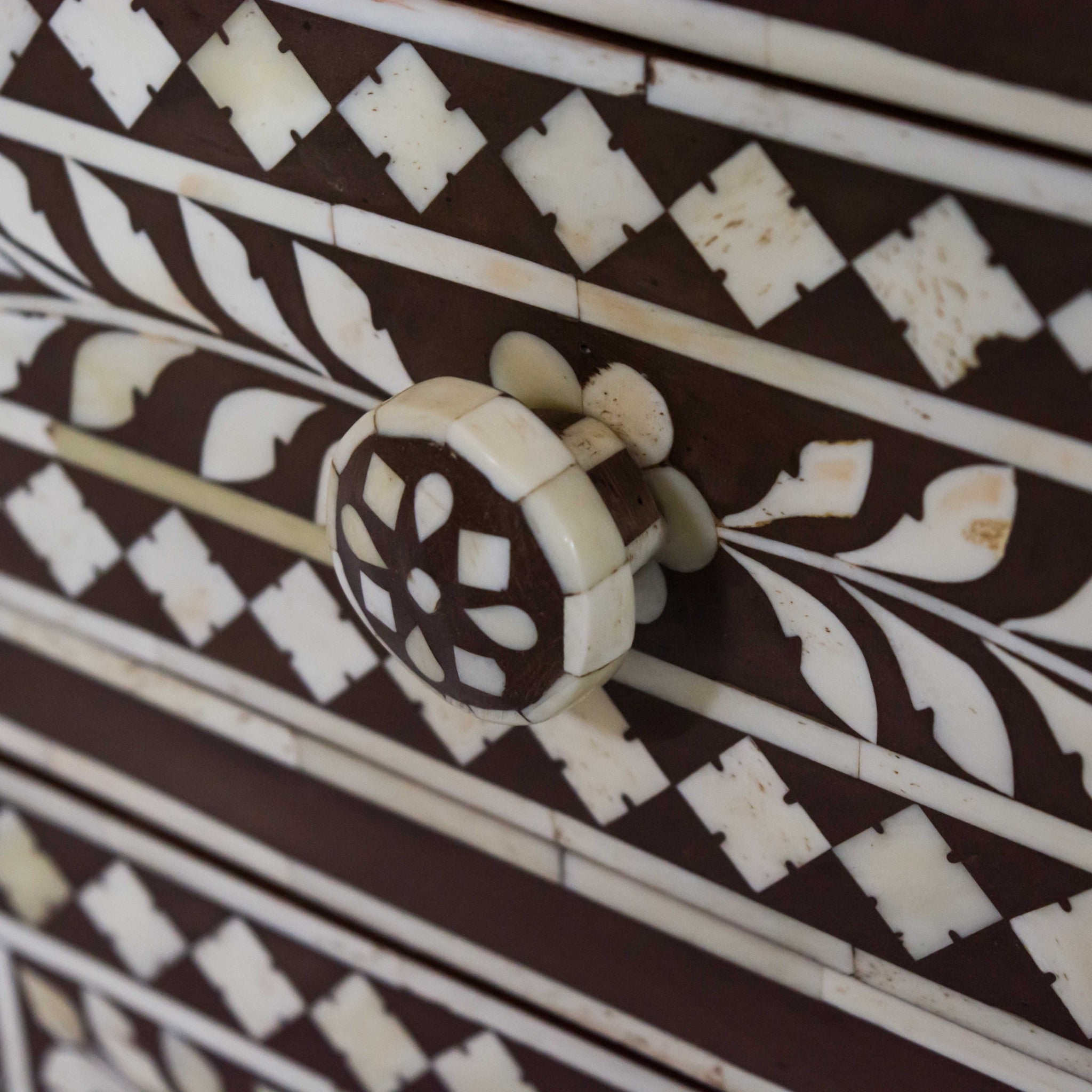 Moroccan Brown and White Bone 3 Drawer Accent Cabinet