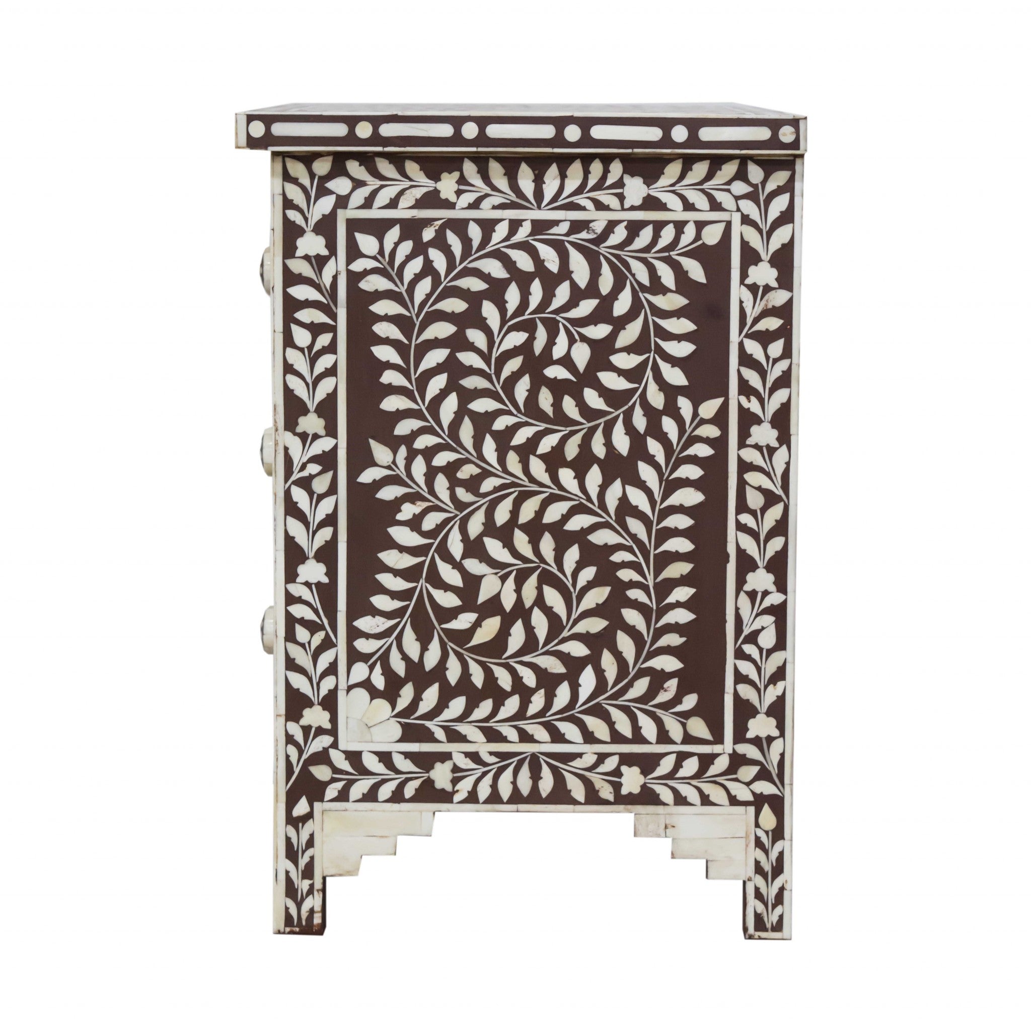 Moroccan Brown and White Bone 3 Drawer Accent Cabinet