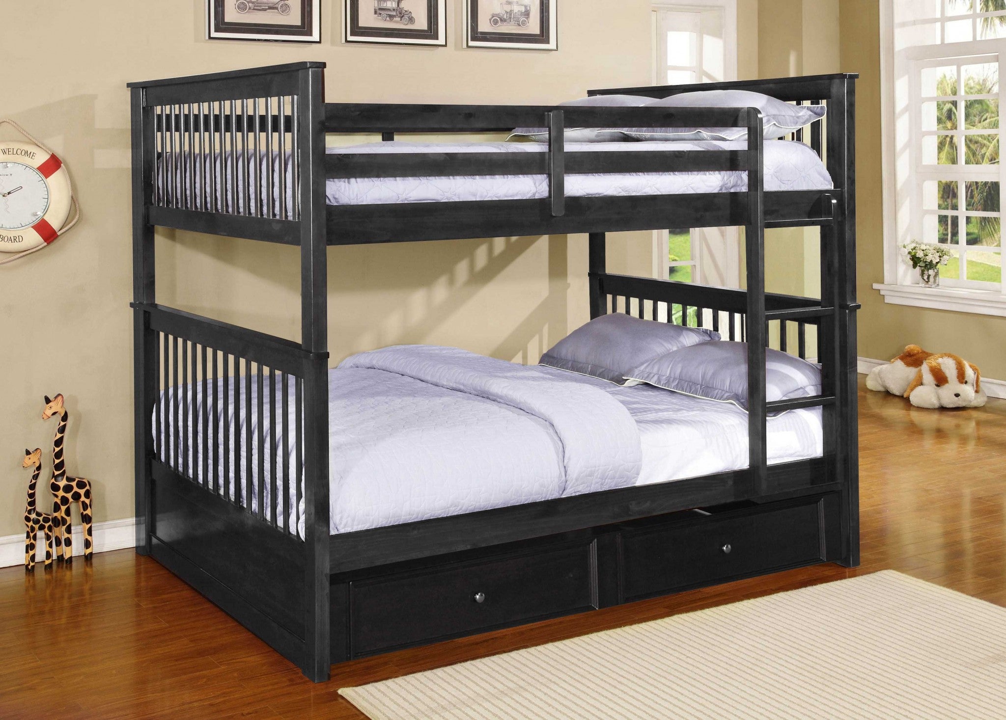 Charcoal Black Finish Full over Full Bunk Bed with Trundle Storage
