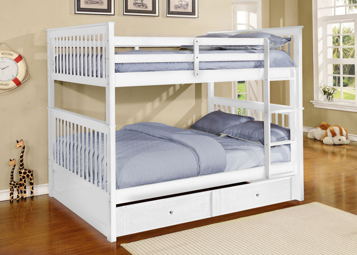 White Finish Full over Full Bunk Bed with Trundle Storage Default Title