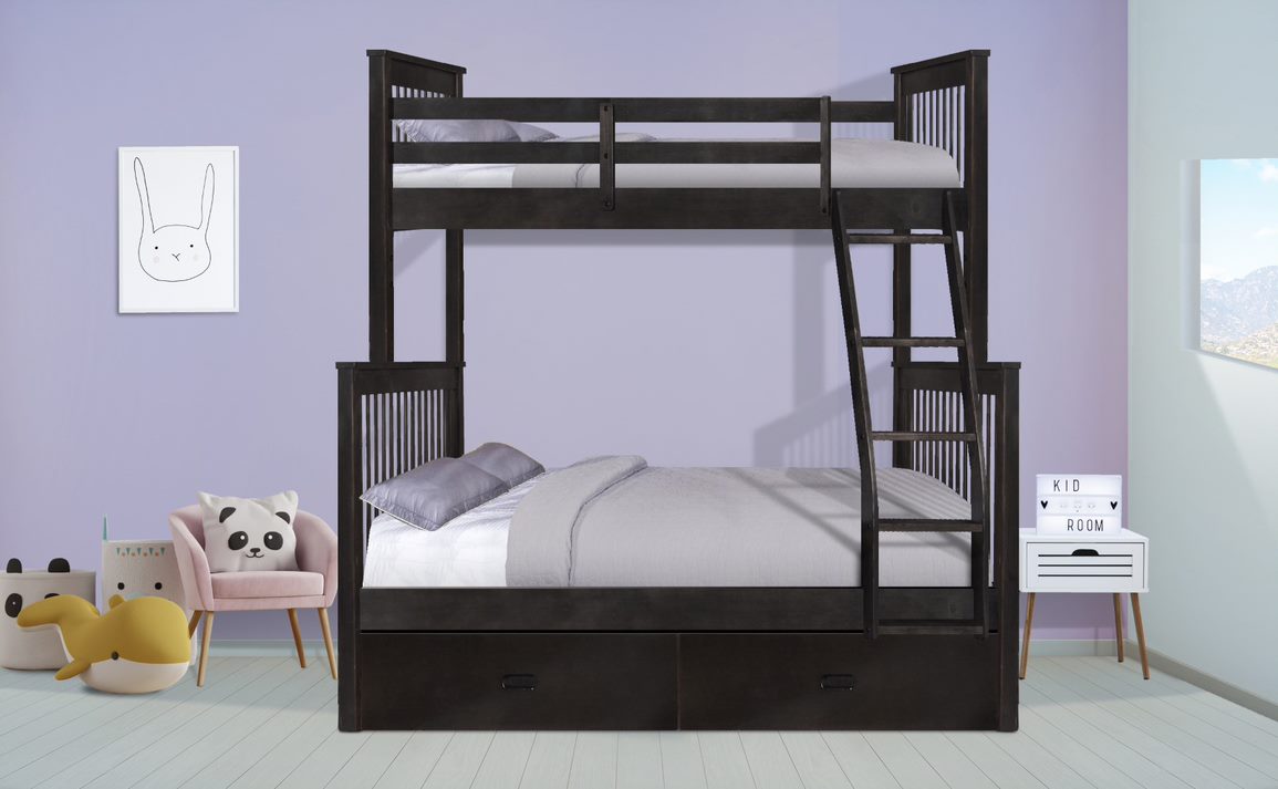 Contemporary Charcoal Black Finish Twin over Full Bunk Bed with Storage