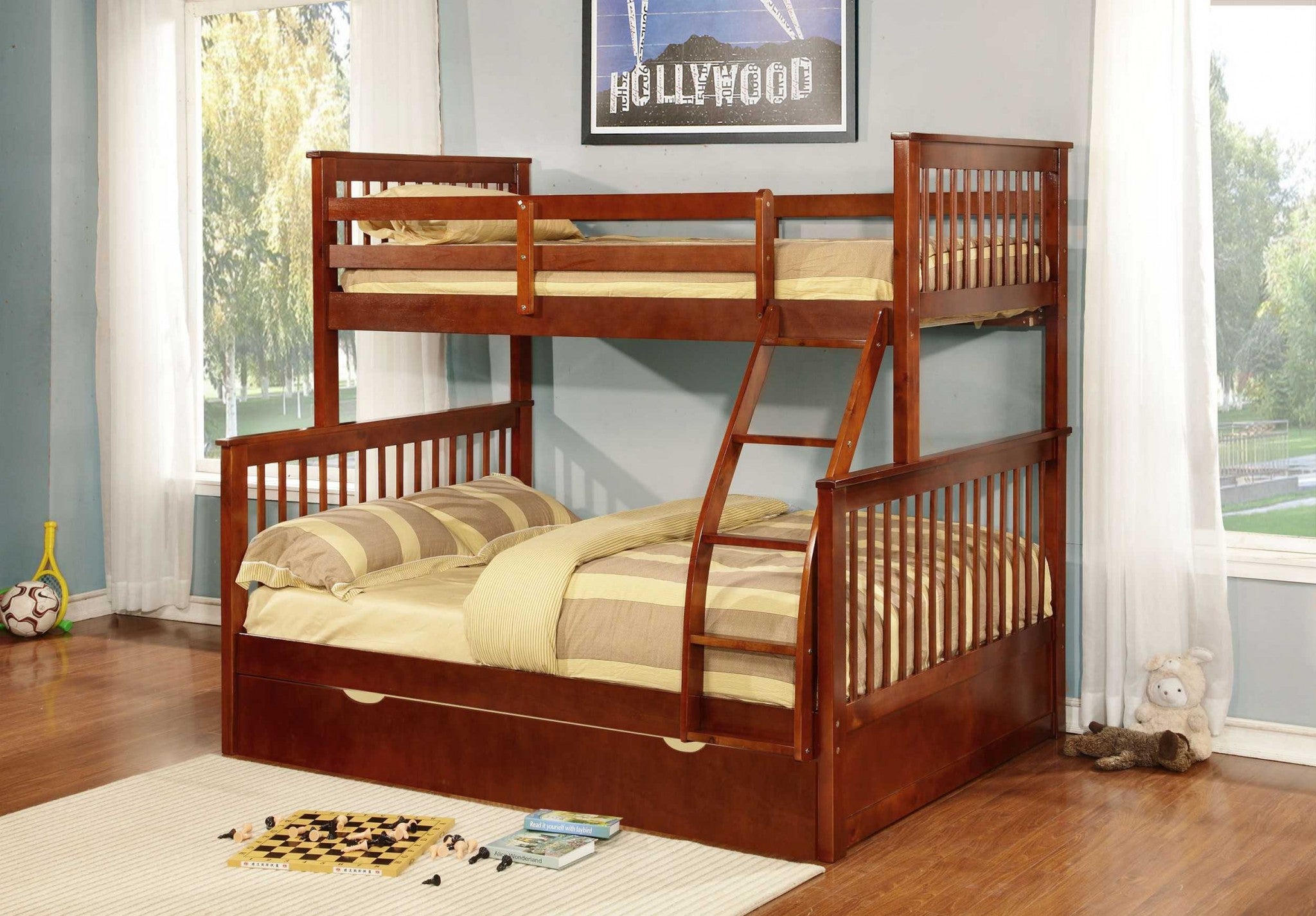 Contemporary Walnut Finish Twin or Full Bunk Bed with Trundle