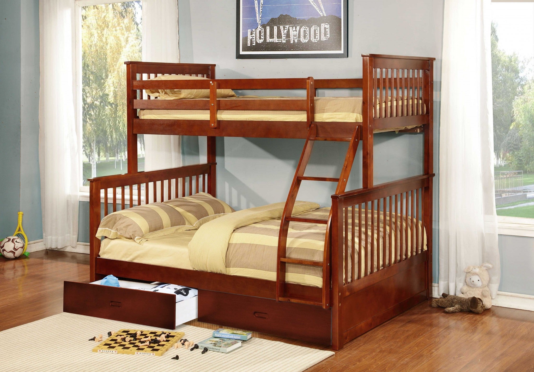 Contemporary Walnut Finish Twin over Full Bunk Bed with Storage