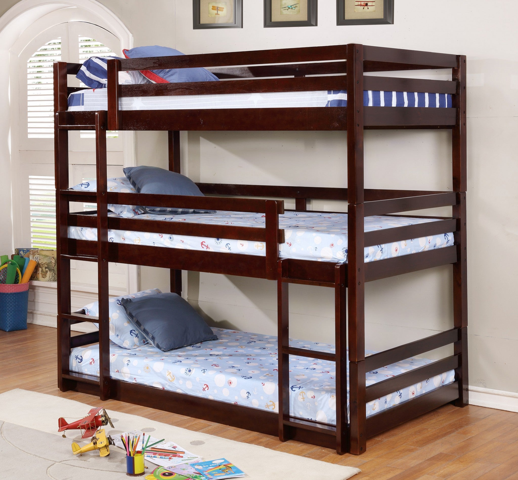 Space Saving Espresso Finish Solid Wood Twin Triple Bunk Bed