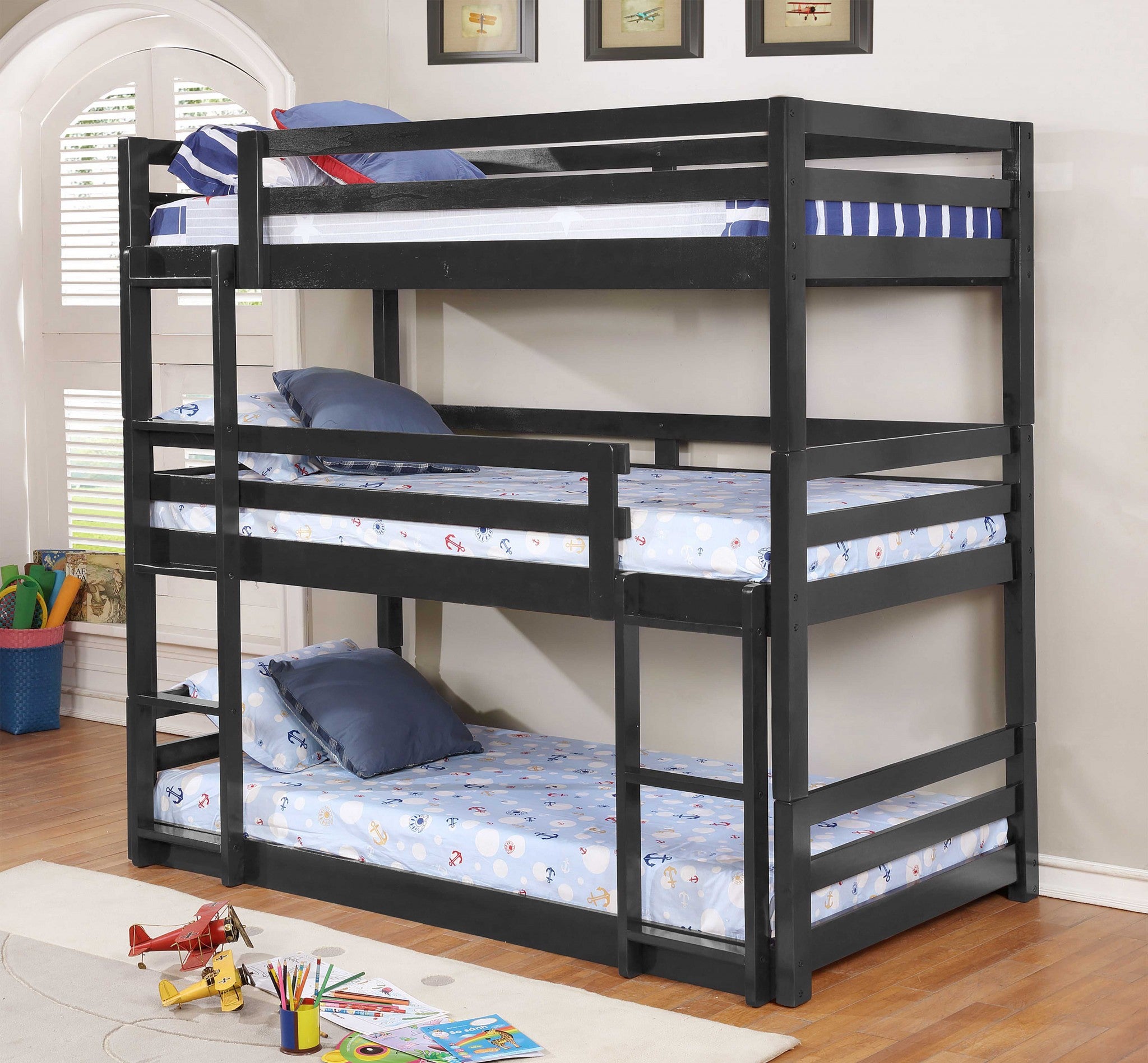 Space Saving Black Finish Solid Wood Twin Triple Bunk Bed