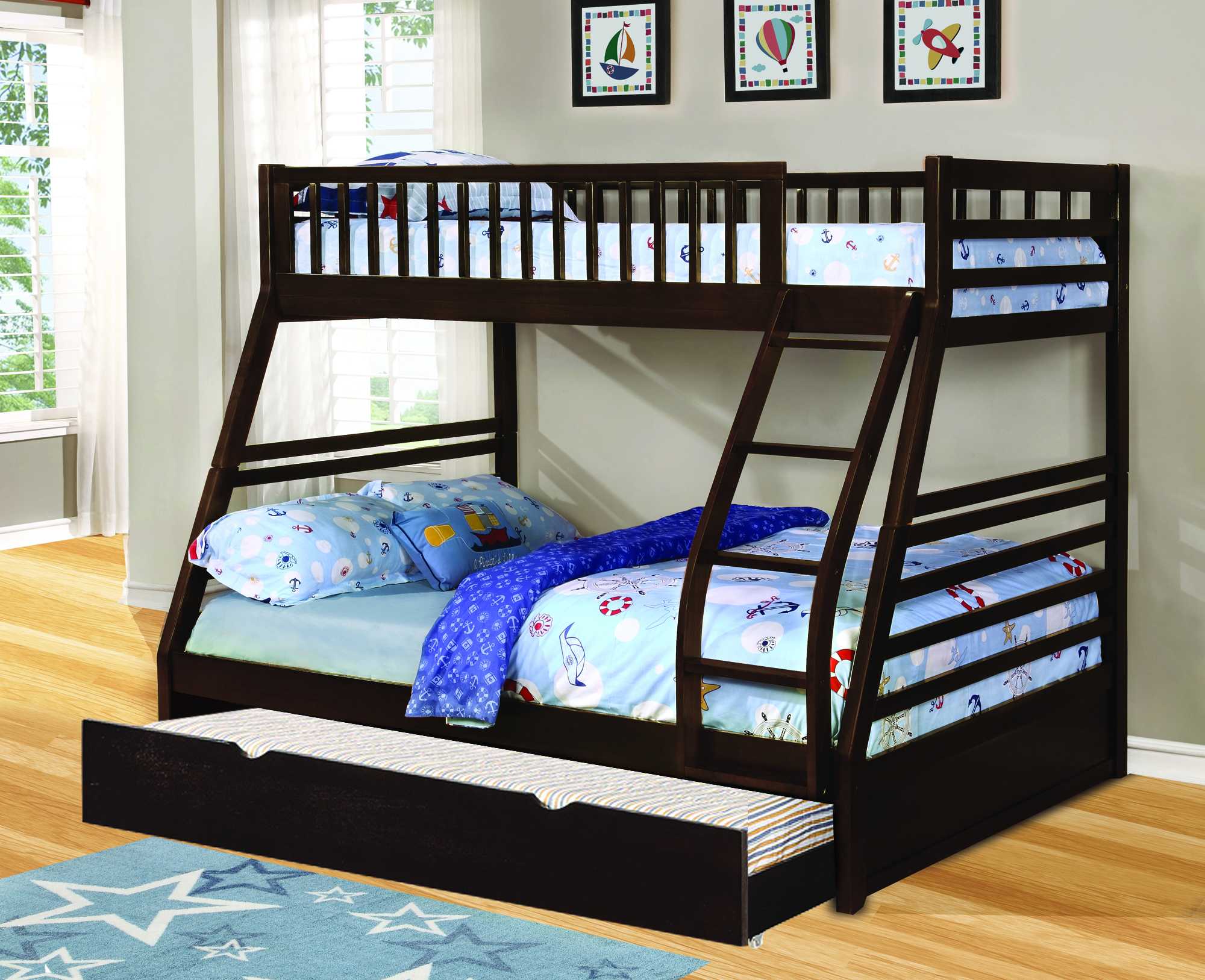 Contemporary Dark Brown Finish Twin over Full Bunk Bed with Trundle