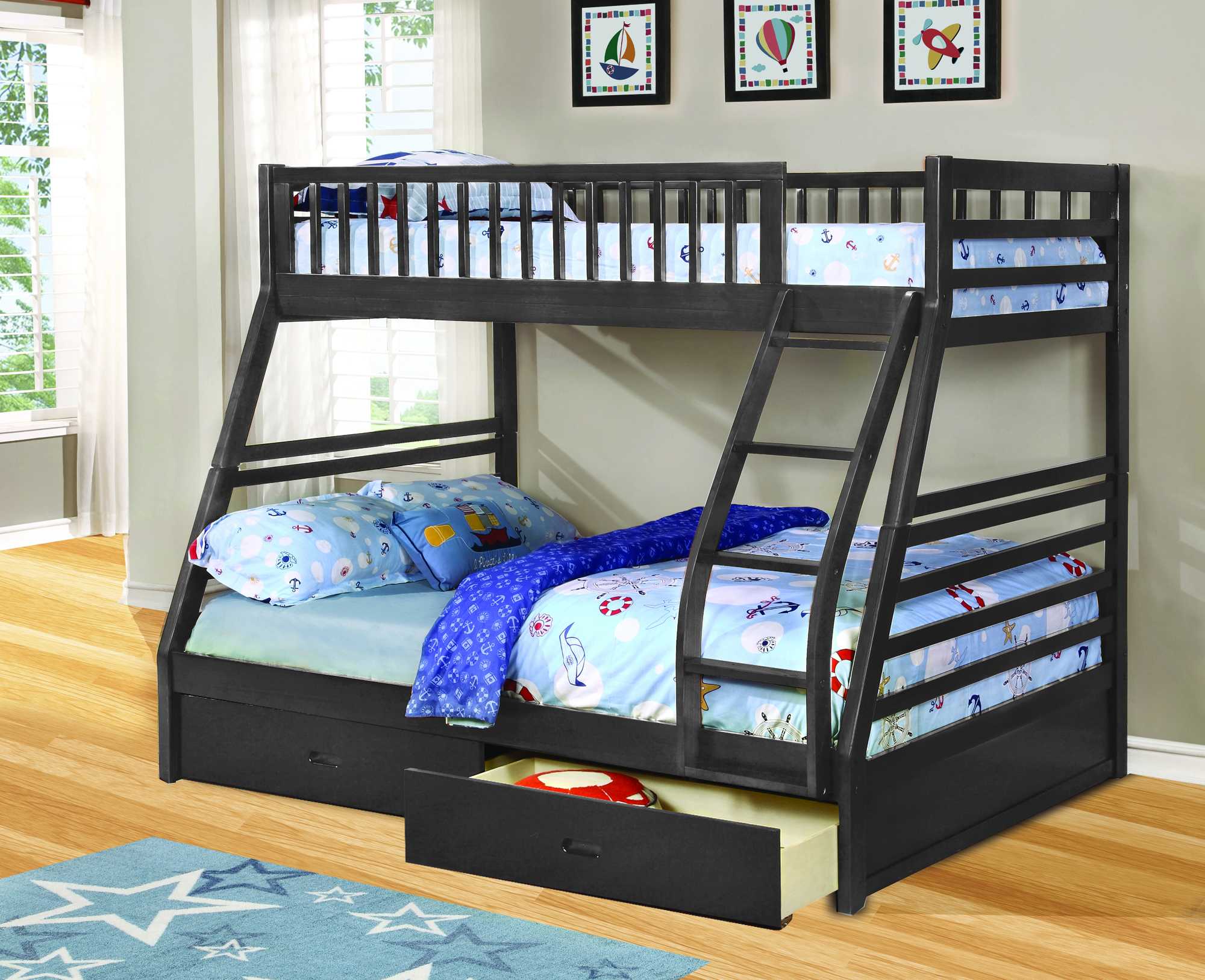 Contemporary Dark Gray Finish Twin over Full Bunk Bed with Storage Default Title