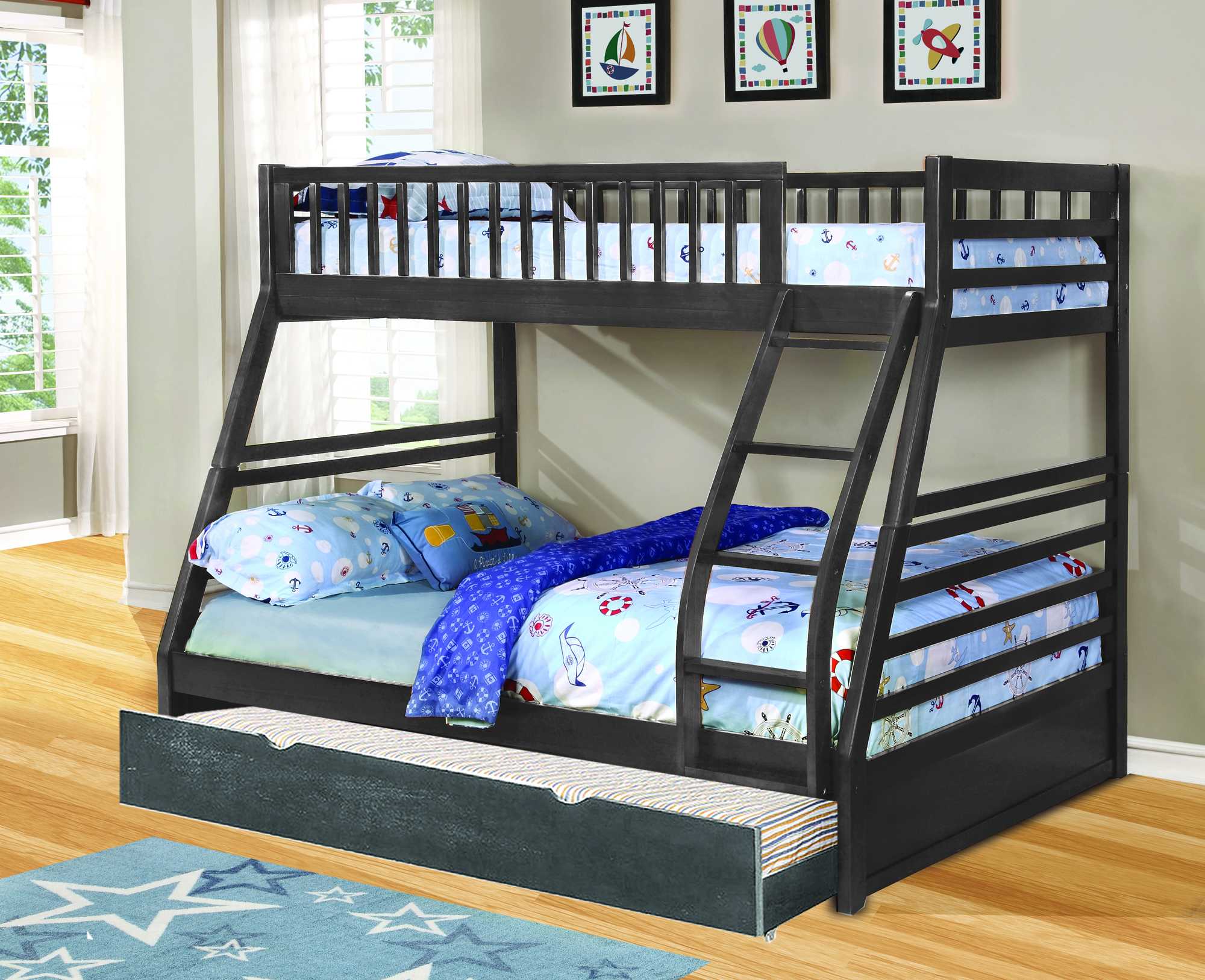 Contemporary  Grey Finish Twin over Full Bunk Bed with Trundle Default Title