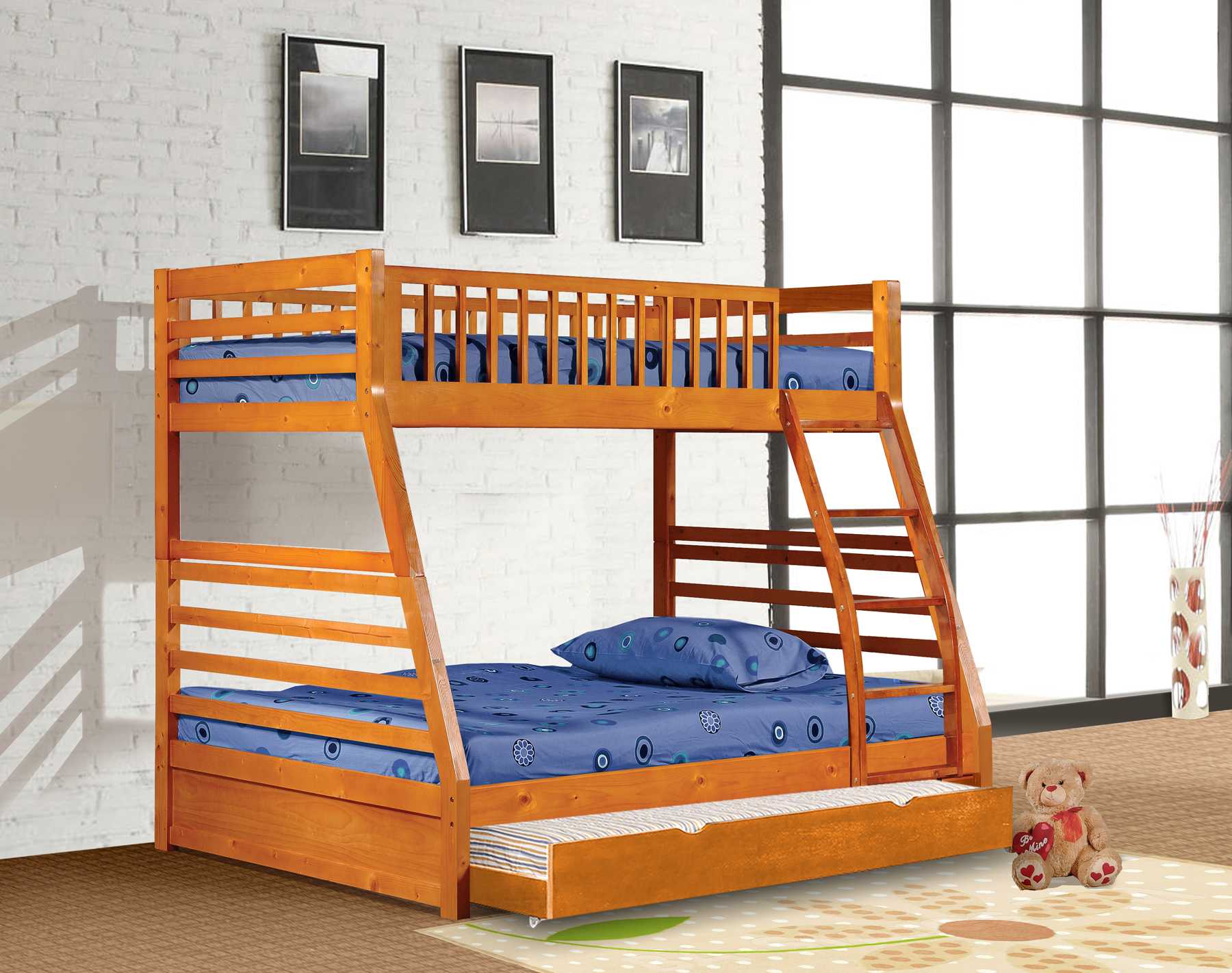 Contemporary Oak Finish Twin over Full Bunk Bed with Trundle Default Title