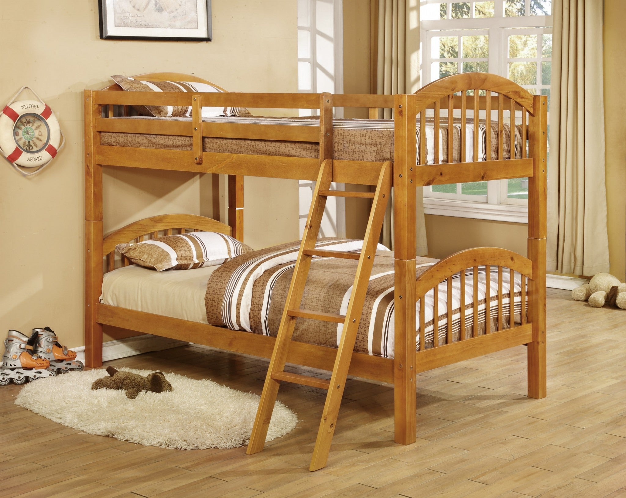 Traditional Oak Finish Twin over Twin Arched Wood Bunk Bed