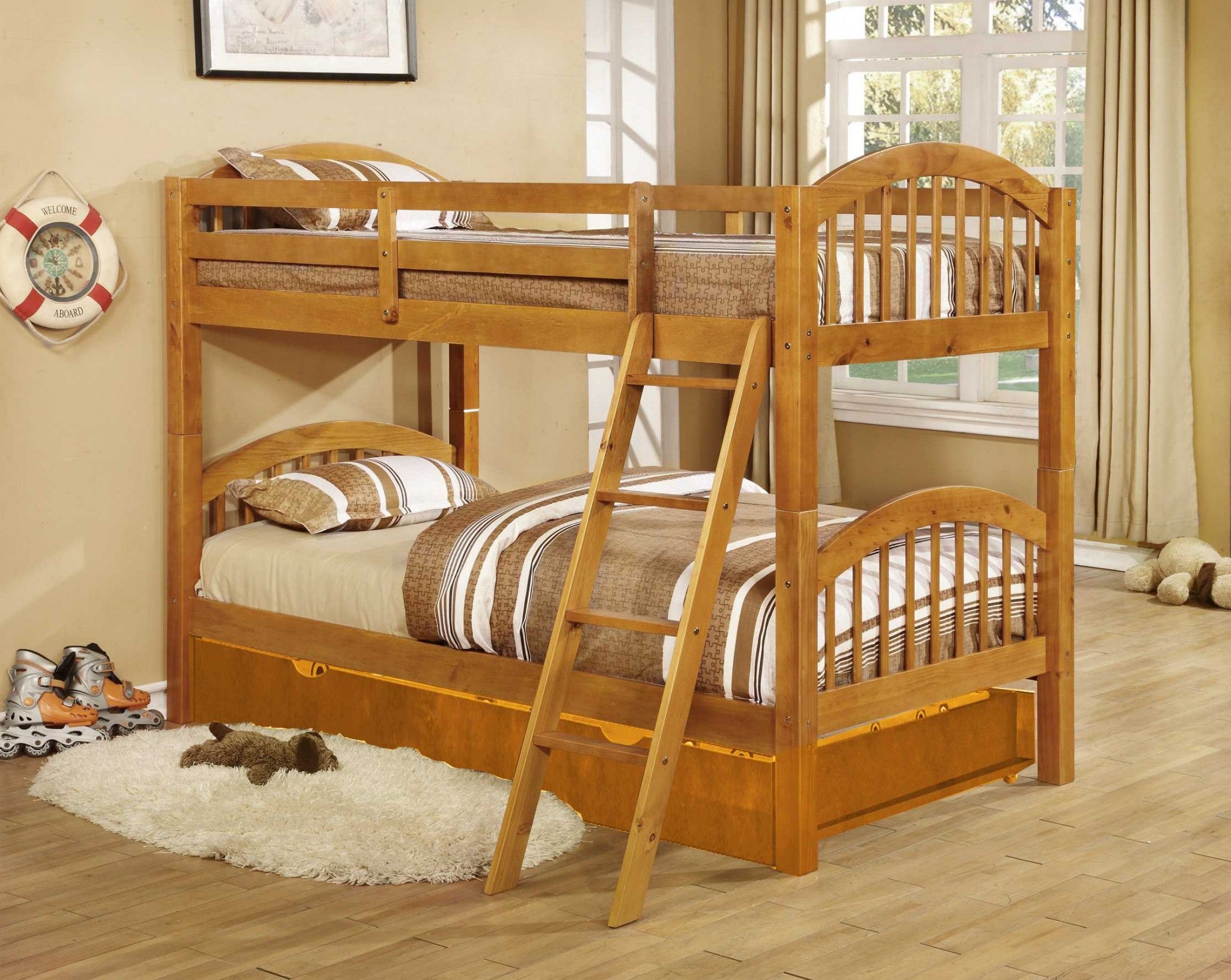 Natural Oak Finish Twin over Twin Arched Wood Bunk Bed with Trundle Default Title