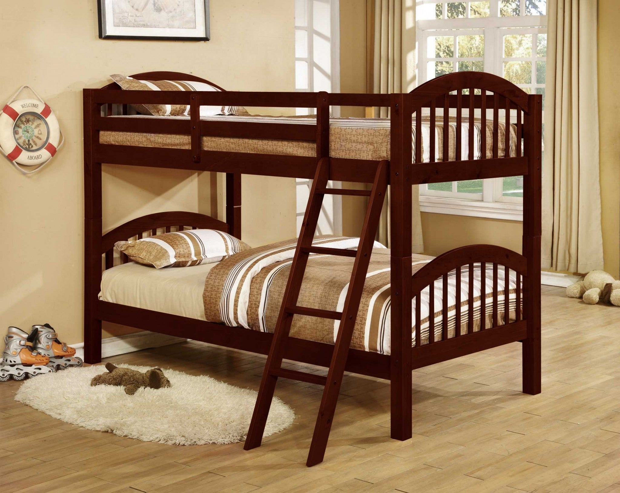 Traditional Cherry Finish Twin over Twin Arched Wood Bunk Bed