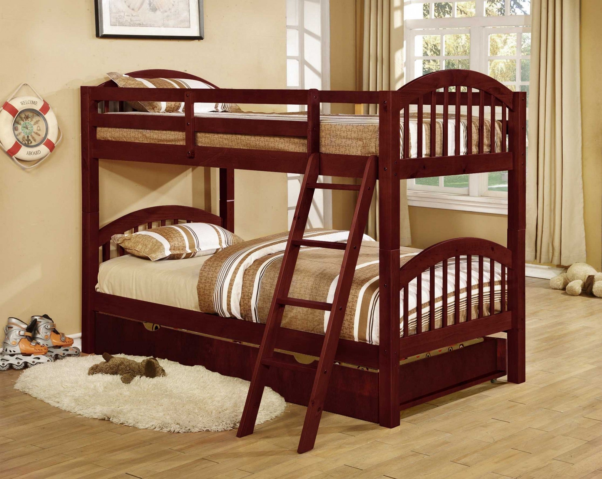 Cherry Finish Twin over Twin Arched Wood Bunk Bed with Trundle Default Title