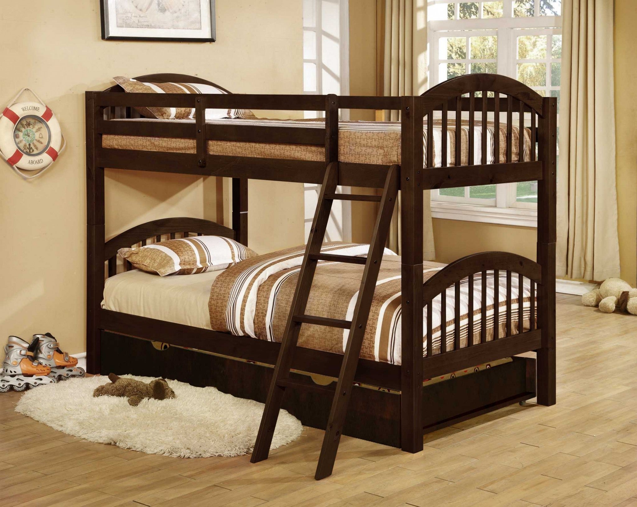 Brown Finish Twin over Twin Arched Wood Bunk Bed with Trundle