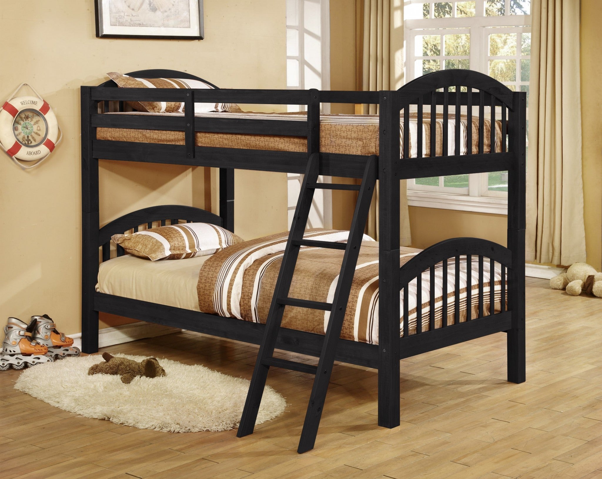 Charcoal Black Finish Twin over Twin Arched Wood Bunk Bed