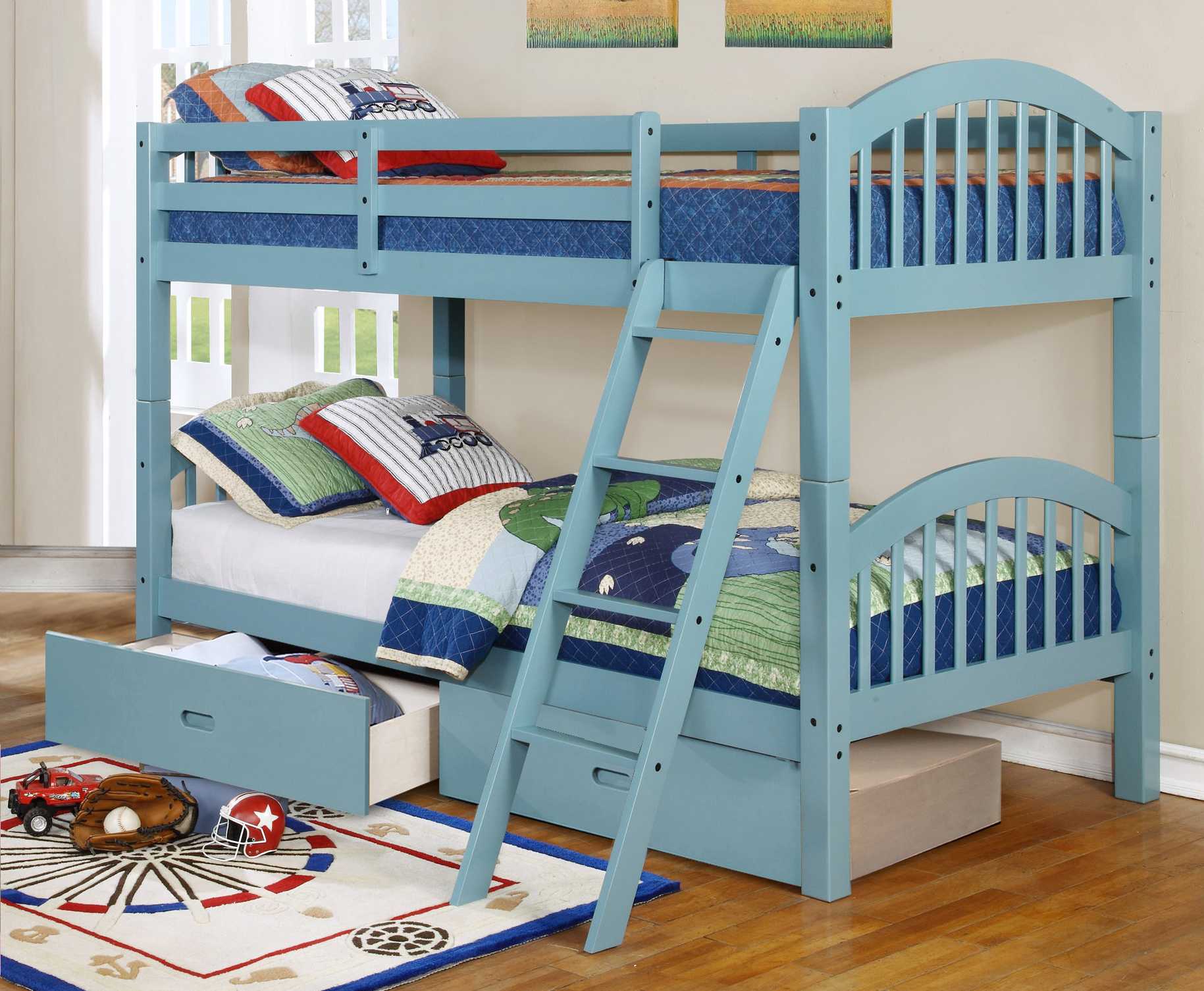 Traditional Blue Finish Twin over Twin  Arched Wood Bunk Bed with 2 Drawers