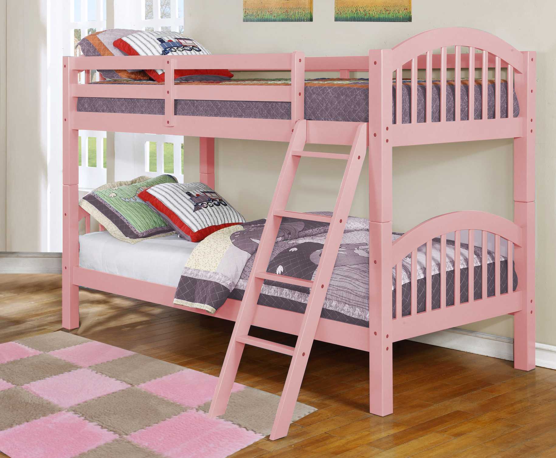 Traditional Pink Finish Twin over Twin Arched Wood Bunk Bed