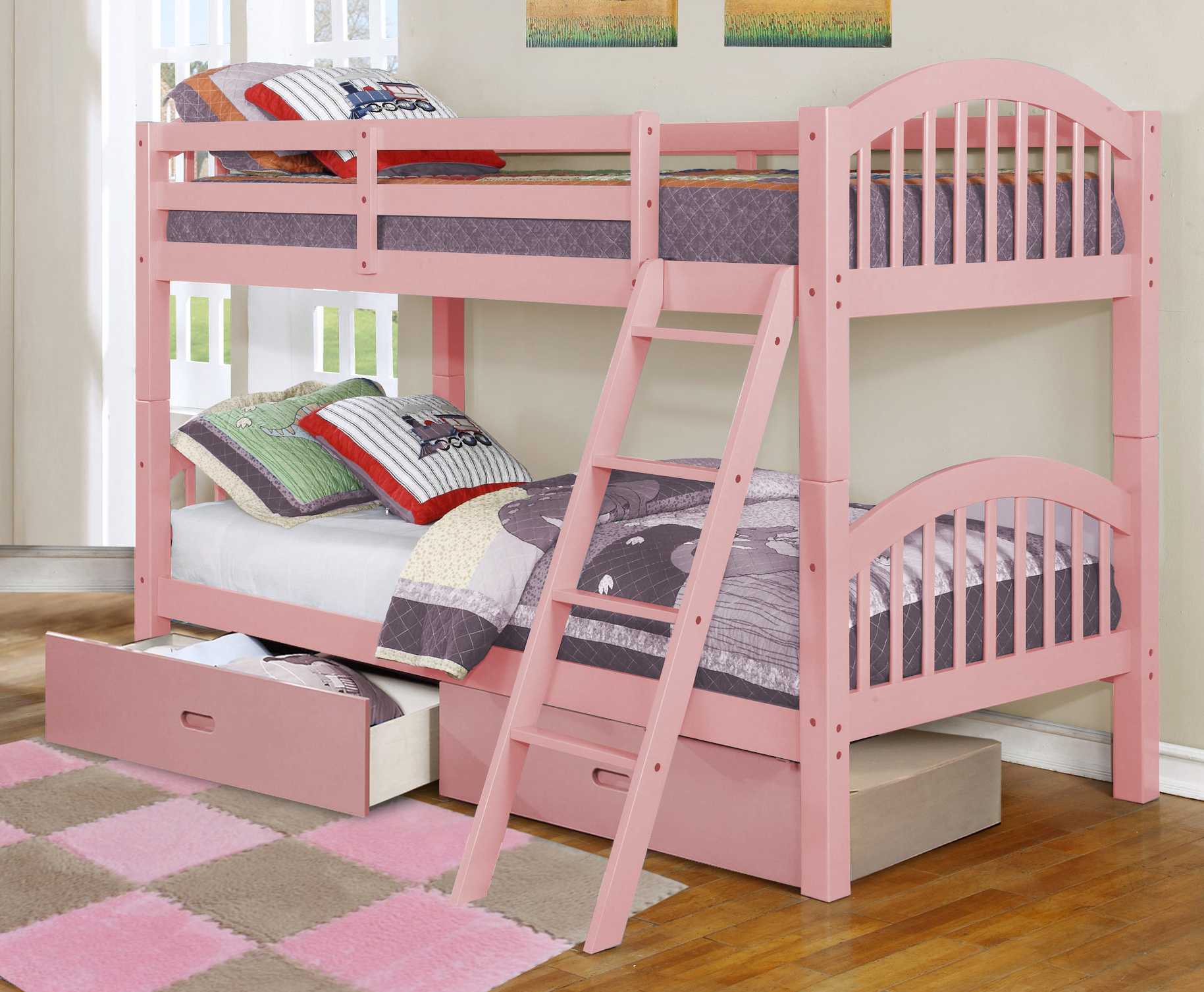 Traditional Pink Finish Twin over Twin  Arched Wood Bunk Bed with 2 Drawers