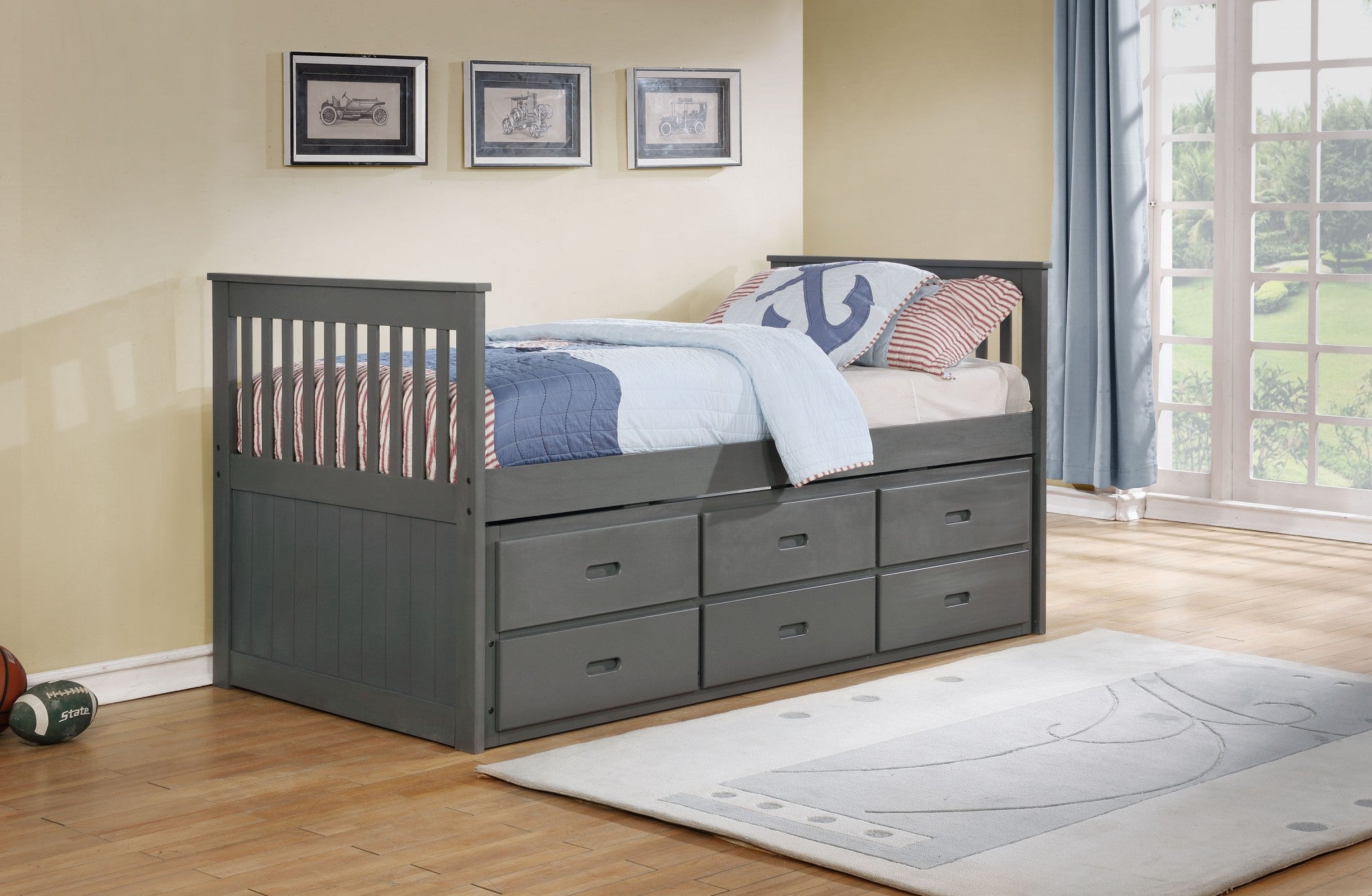 Gray Finish Twin Captain Bed with Trundle and Storage