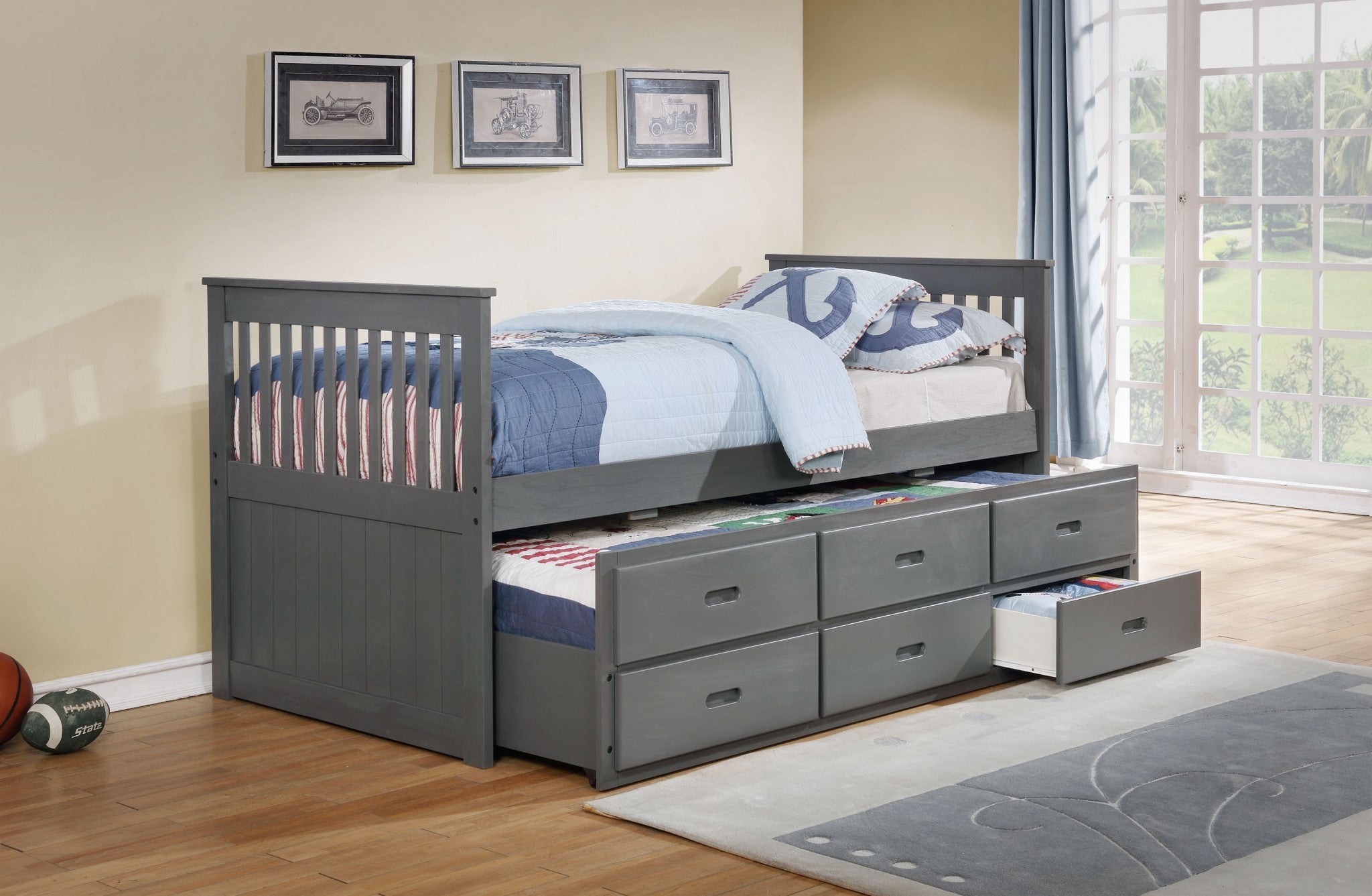 Gray Finish Twin Captain Bed with Trundle and Storage
