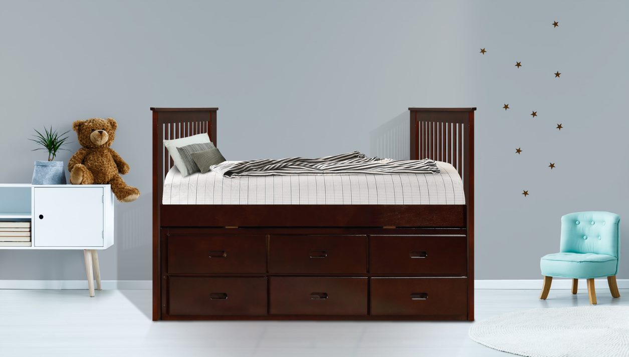 Cherry Brown Finish Twin Captain Bed with Trundle and Storage