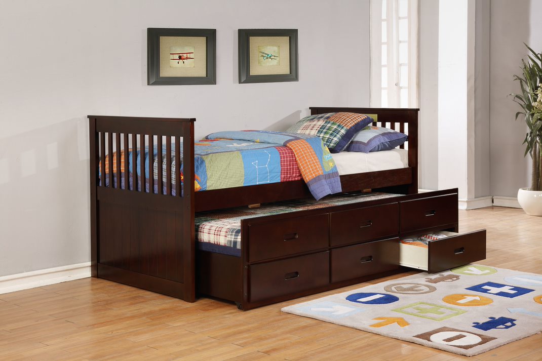 Cherry Brown Finish Twin Captain Bed with Trundle and Storage