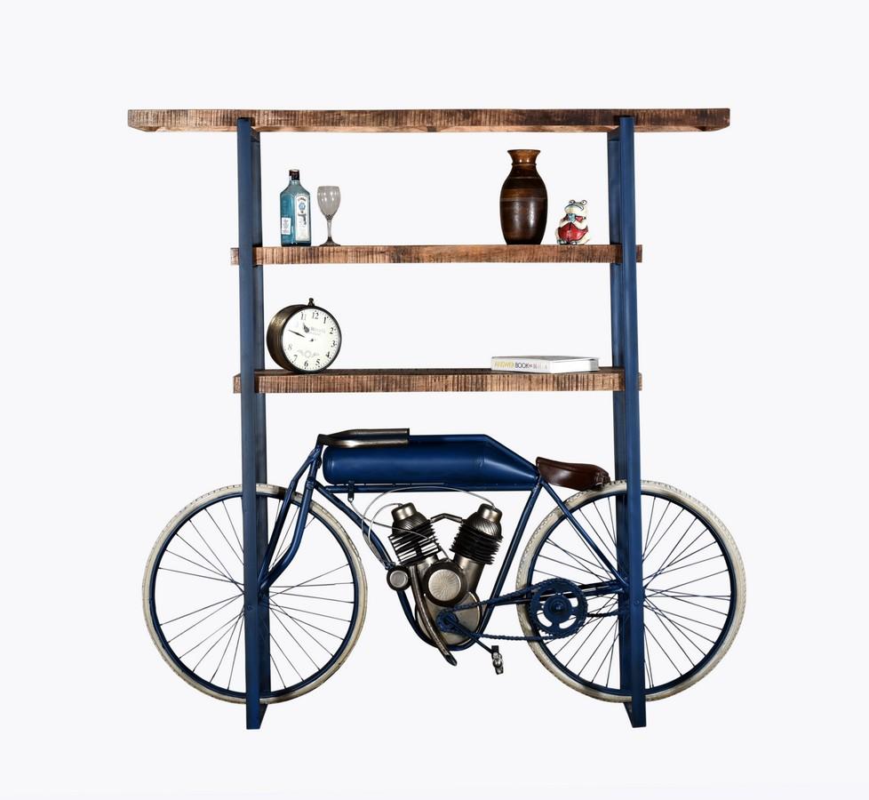 Blue Metal Mango Wood Cycle Book Shelf Bar Counter