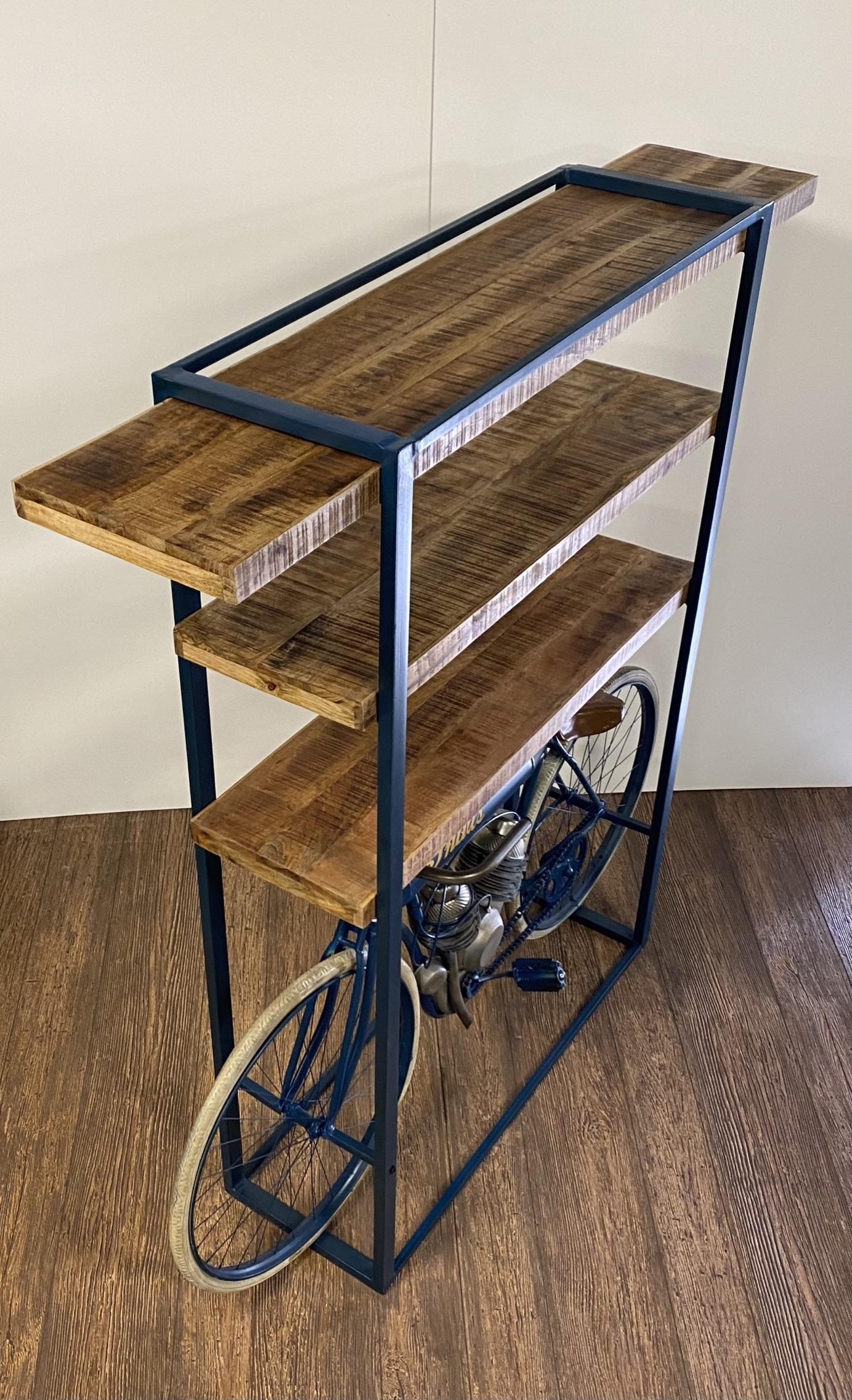 Blue Metal Mango Wood Cycle Book Shelf Bar Counter