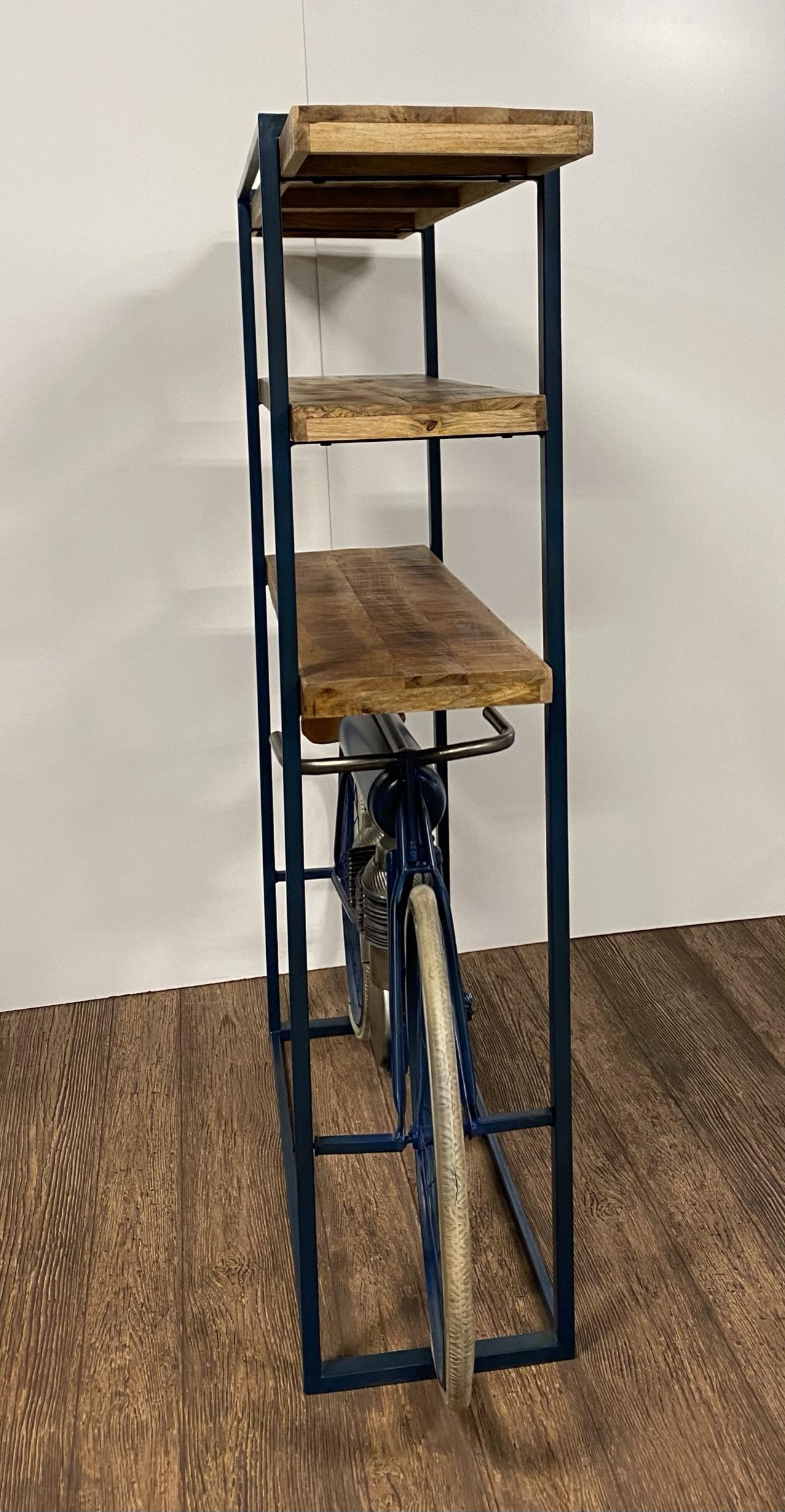 Blue Metal Mango Wood Cycle Book Shelf Bar Counter