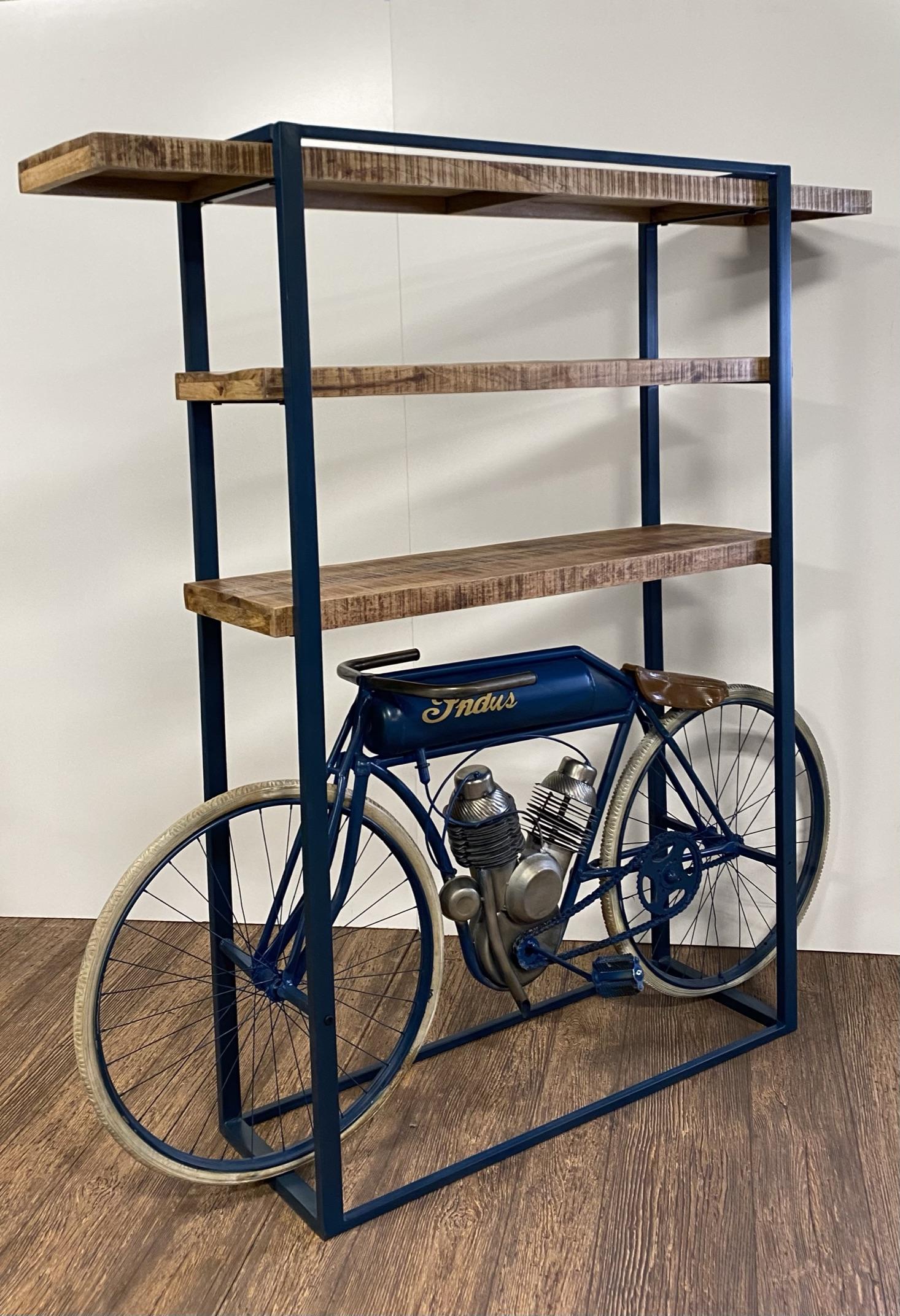 Blue Metal Mango Wood Cycle Book Shelf Bar Counter