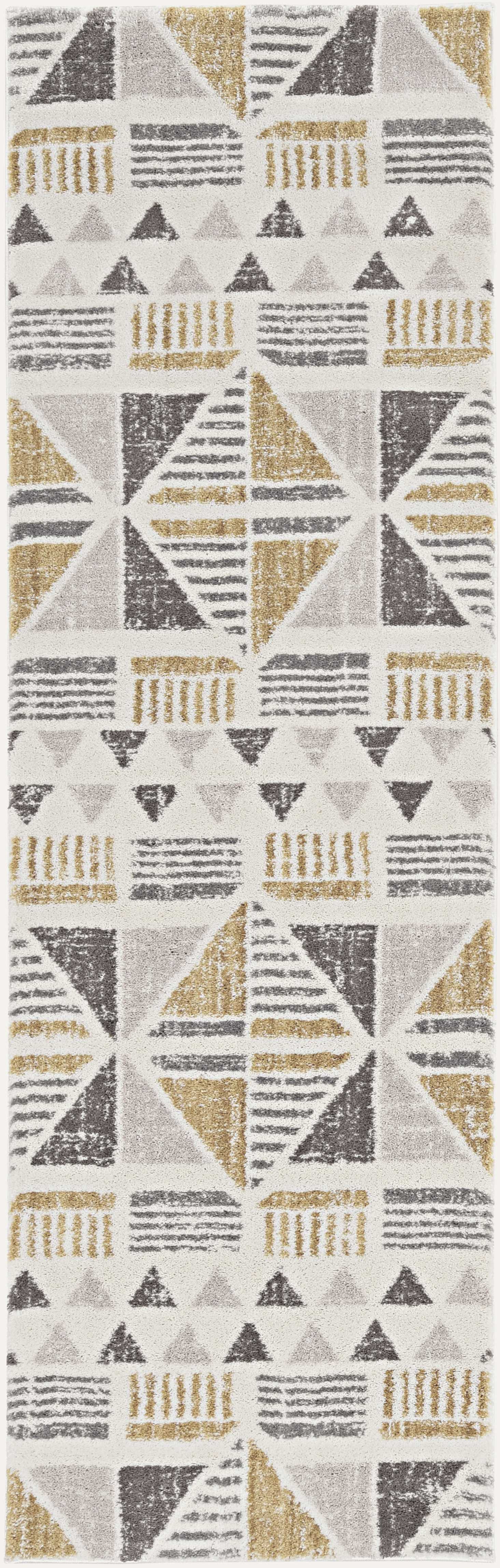 8' Ivory Gold Machine Woven Geometric Indoor Runner Rug