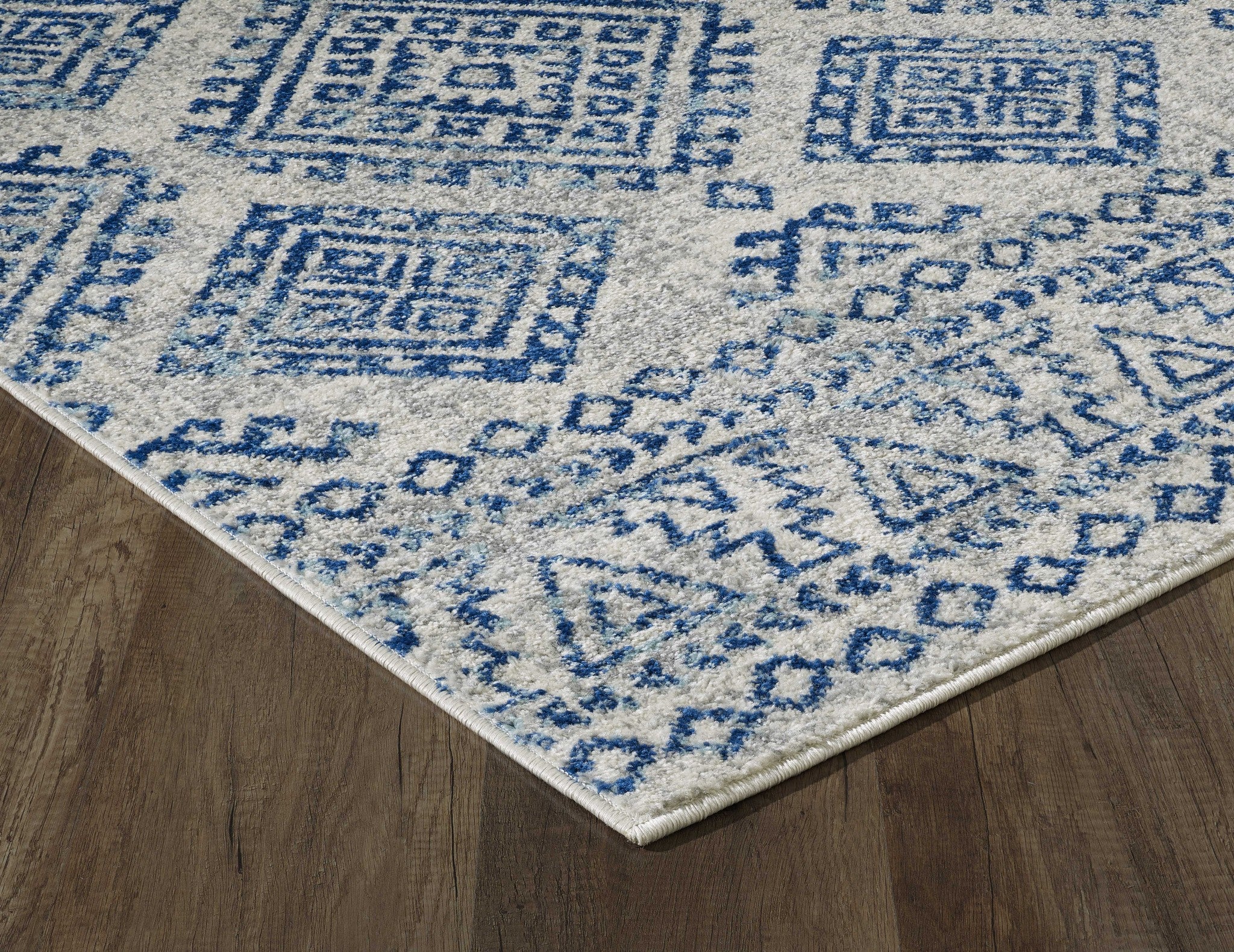 7' Ivory Blue Machine Woven Distressed Geometric Indoor Runner Rug Default Title