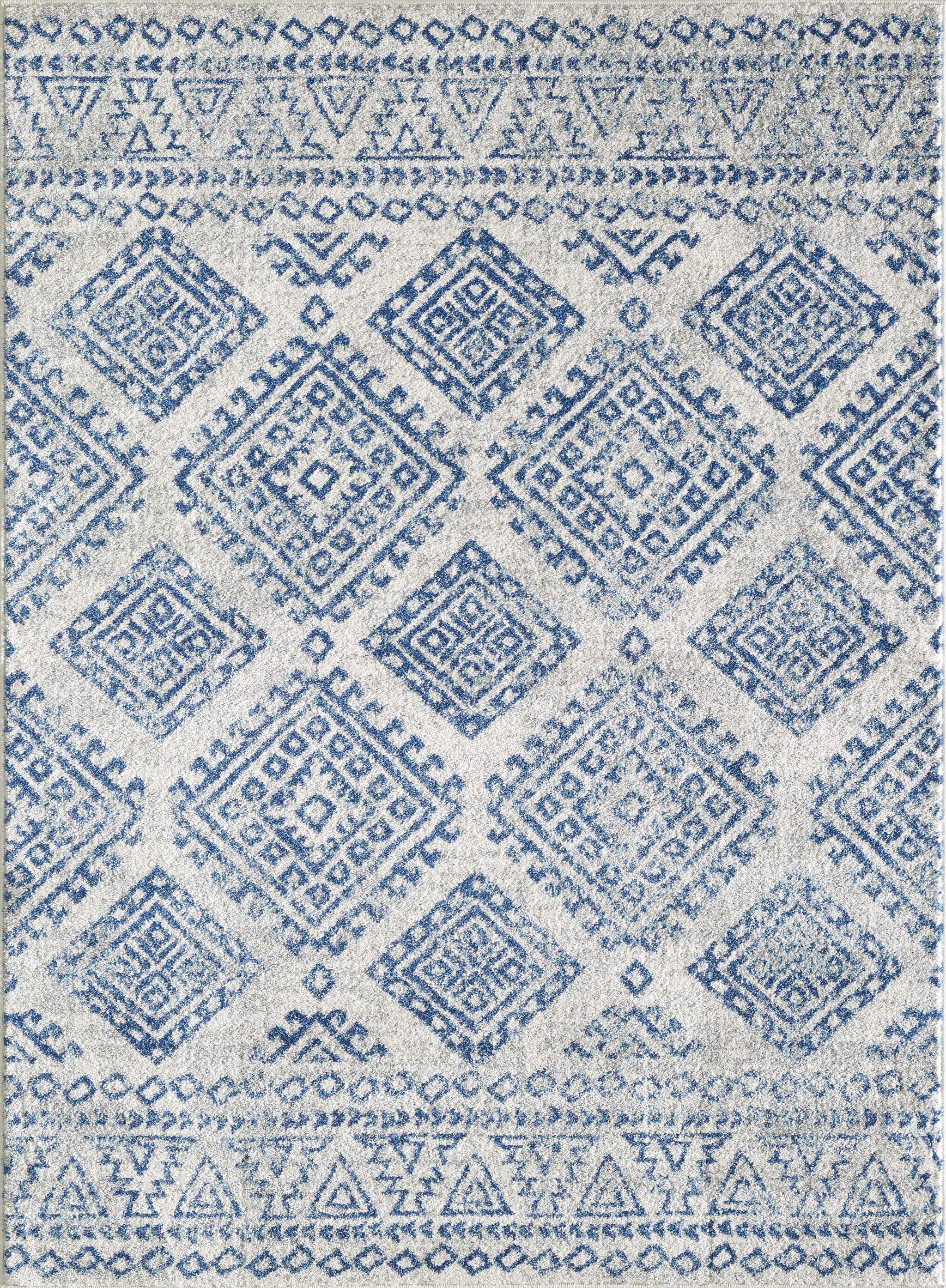 7' Ivory Blue Machine Woven Distressed Geometric Indoor Runner Rug
