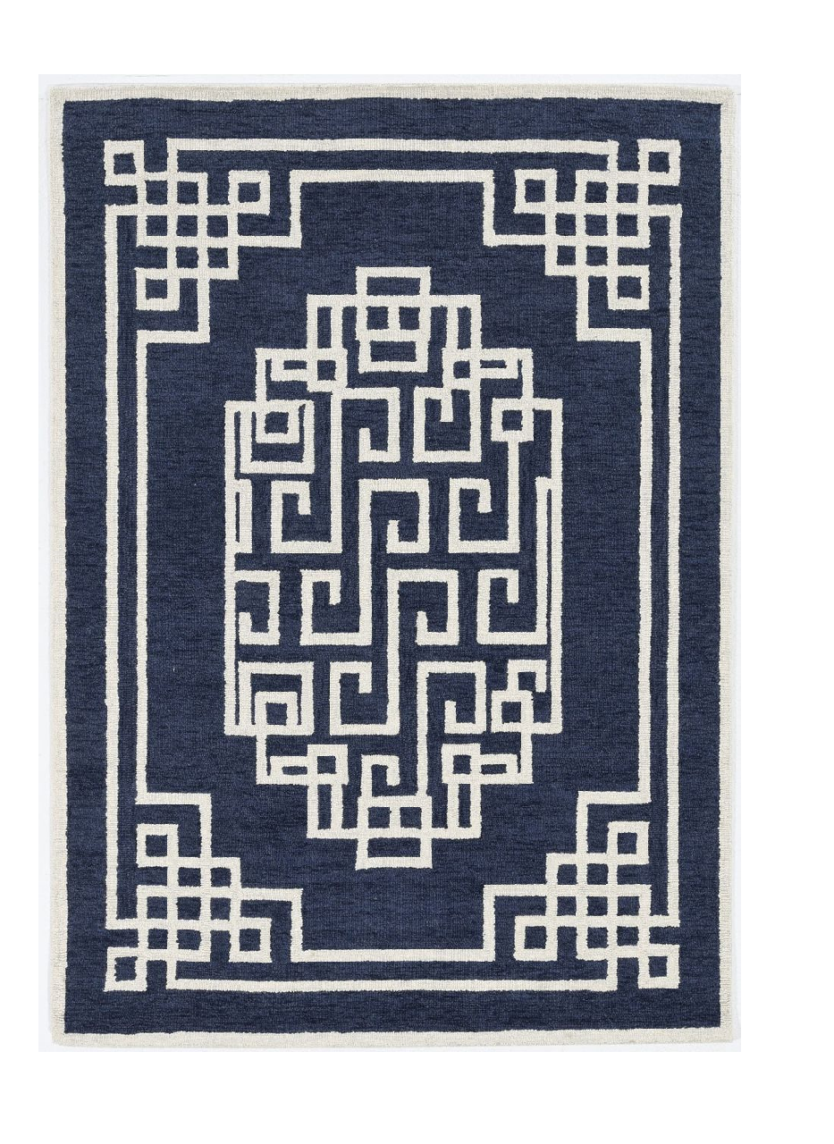 5'x7' Navy Blue Ivory Hand Tufted Bordered Greek Key Indoor Area Rug Default Title