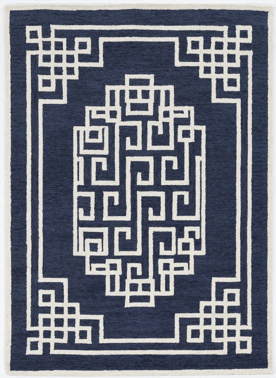 5'x7' Navy Blue Ivory Hand Tufted Bordered Greek Key Indoor Area Rug