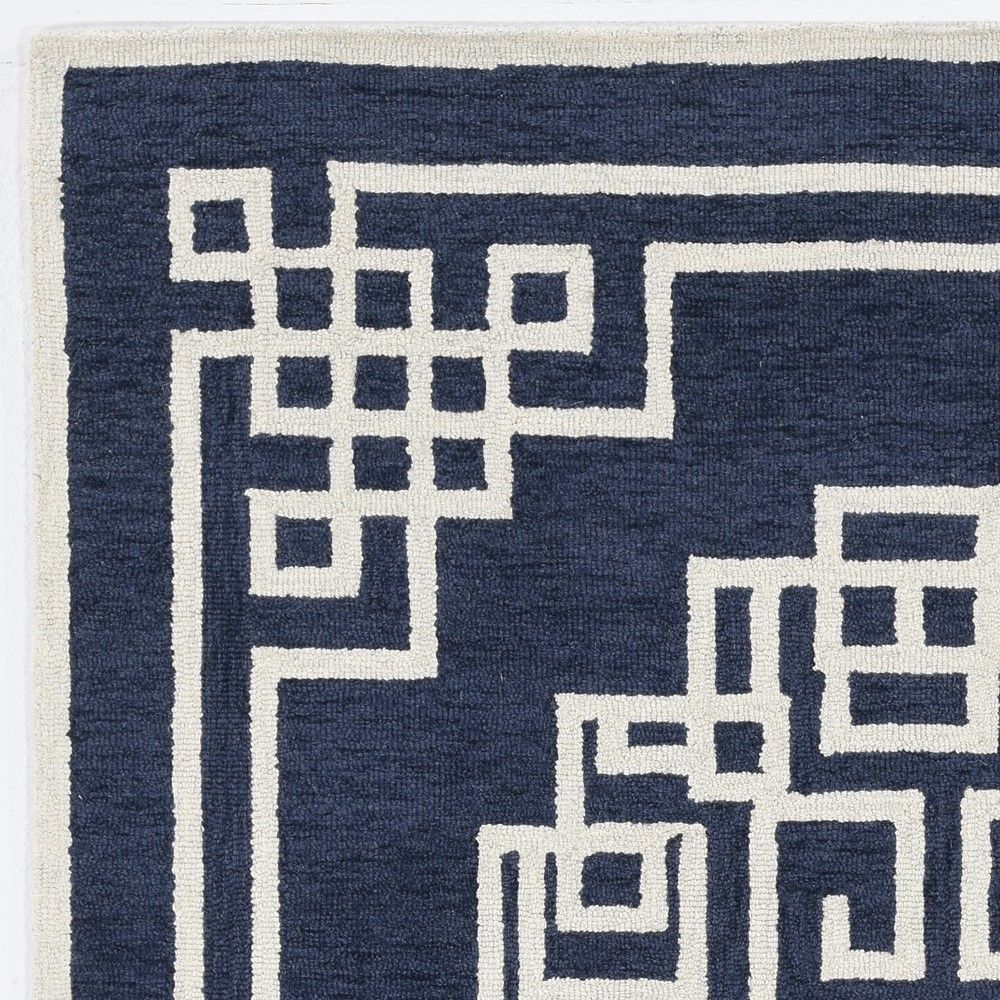 5'x7' Navy Blue Ivory Hand Tufted Bordered Greek Key Indoor Area Rug