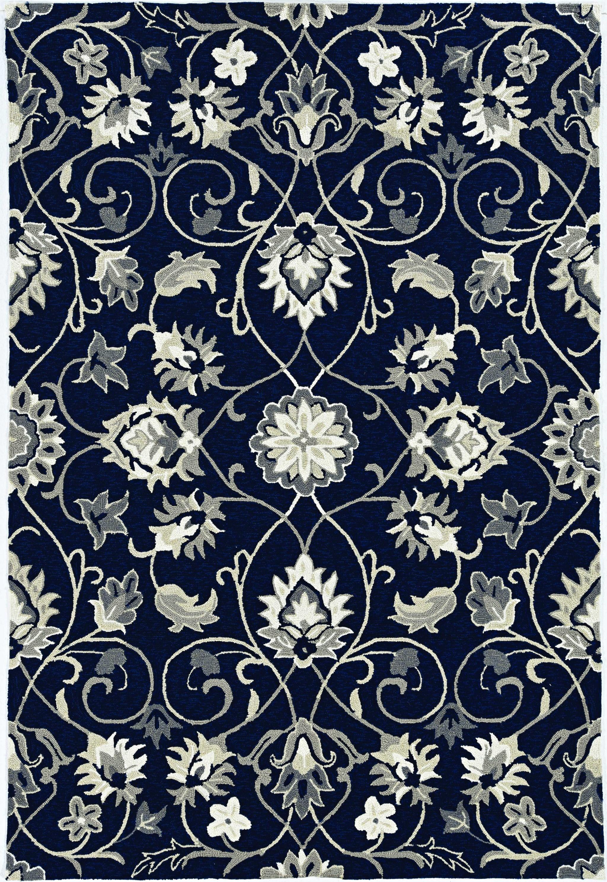 2'x3' Navy Blue Hand Hooked UV Treated Floral Vines Indoor Outdoor Accent Rug