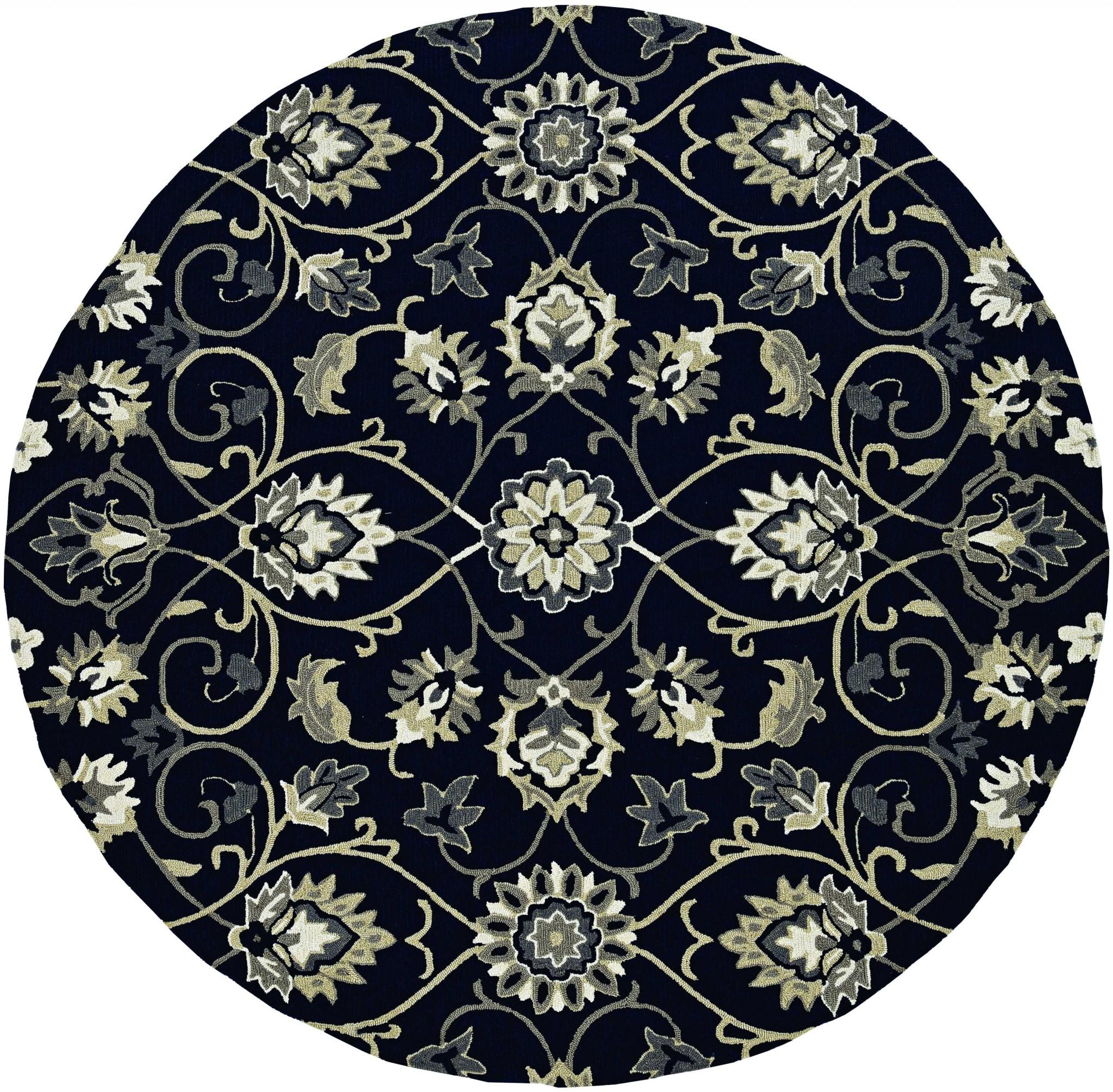 2'x3' Navy Blue Hand Hooked UV Treated Floral Vines Indoor Outdoor Accent Rug