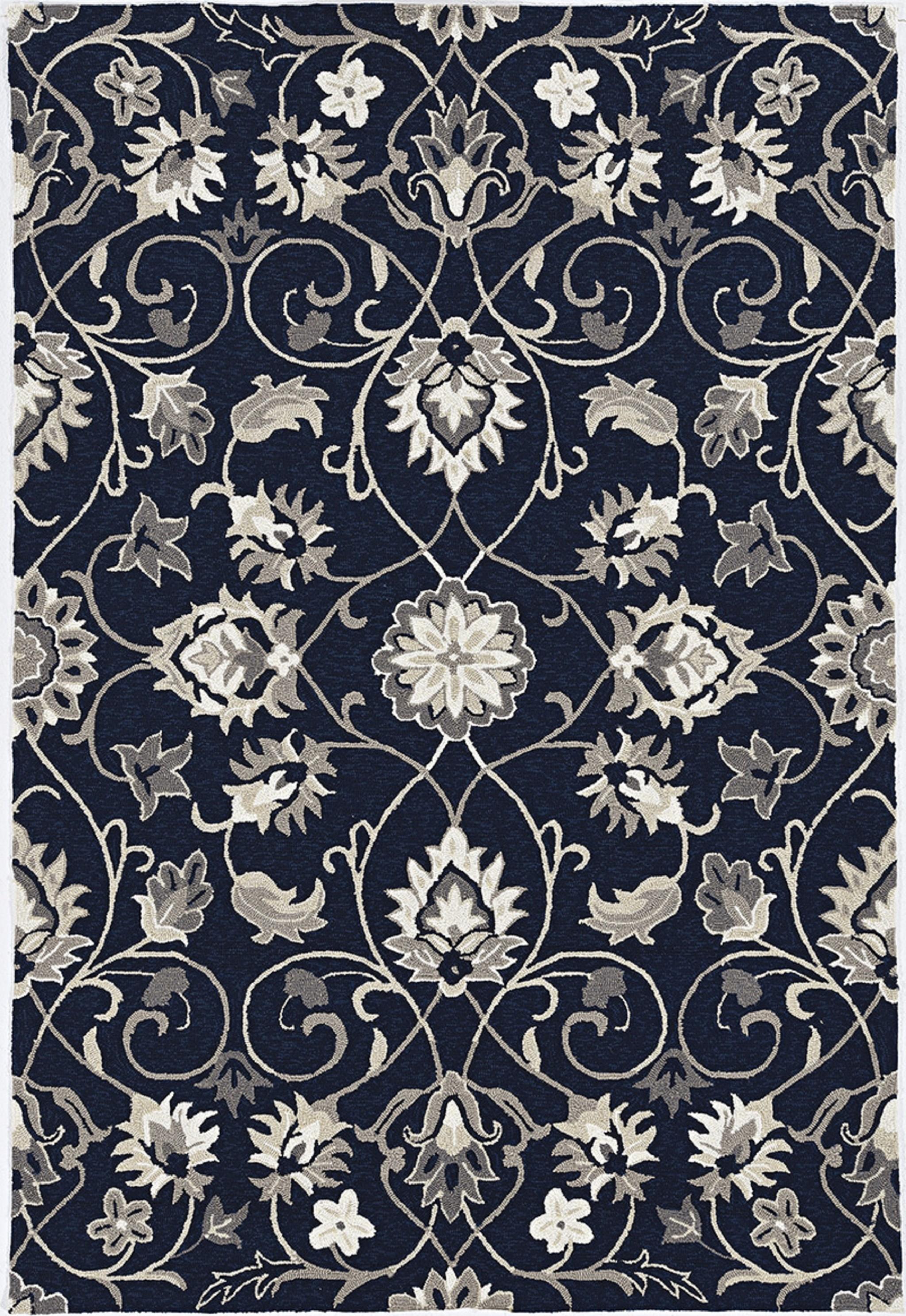 3'x5' Navy Blue Hand Hooked UV Treated Traditional Floral Design Indoor Outdoor Rug