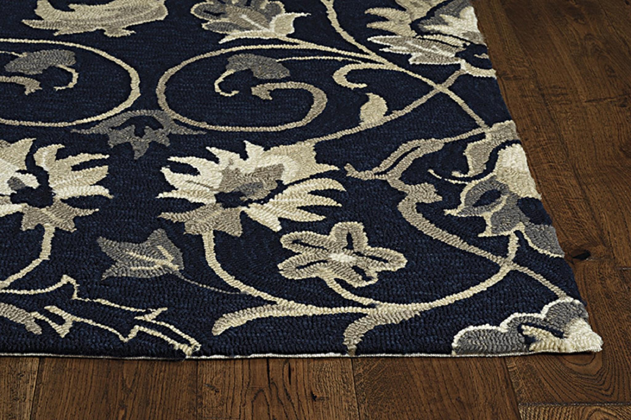 3'x5' Navy Blue Hand Hooked UV Treated Traditional Floral Design Indoor Outdoor Rug