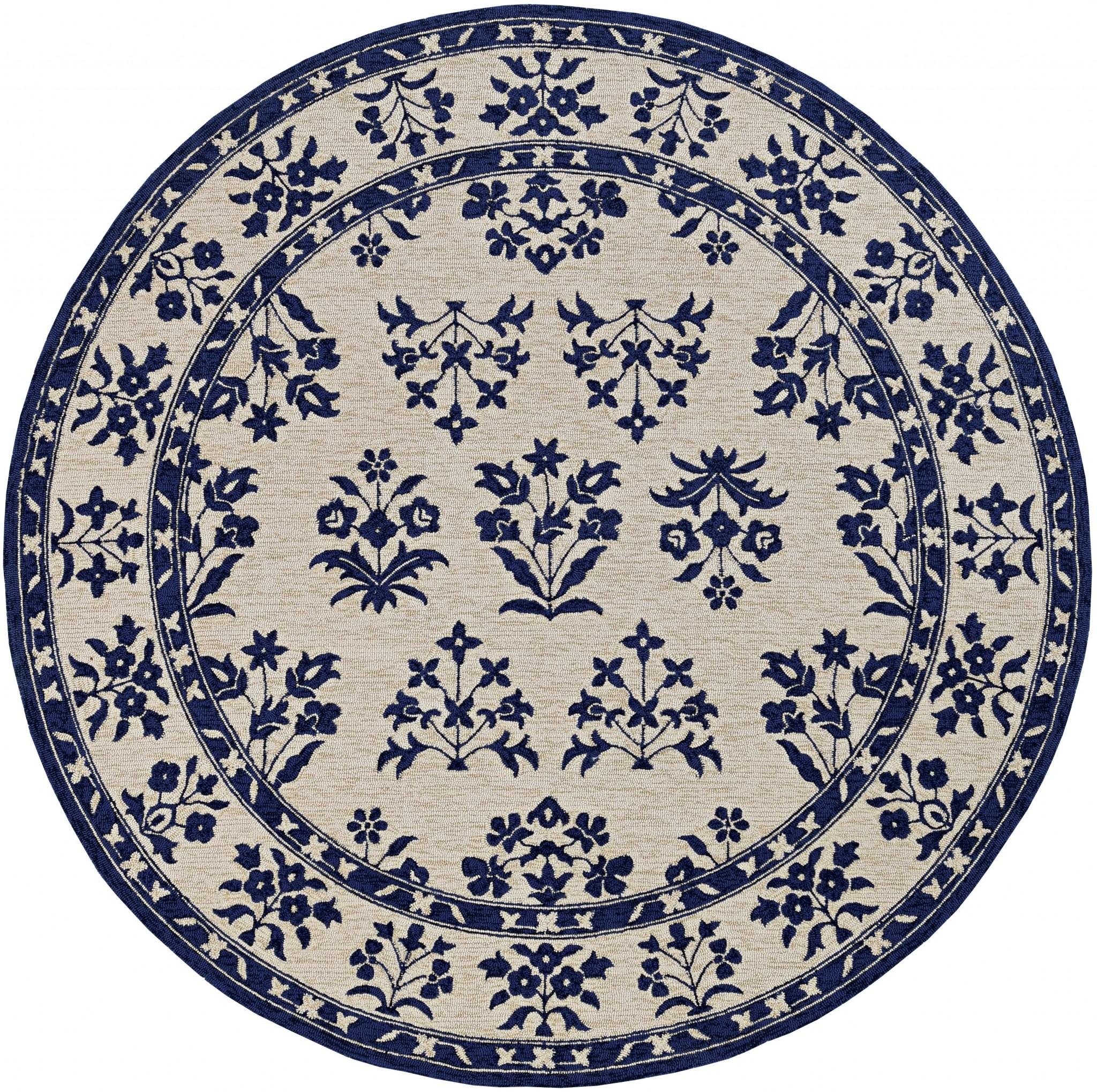 2'x3' Sand Blue Hand Hooked UV Treated Floral Traditional Indoor Outdoor Accent Rug