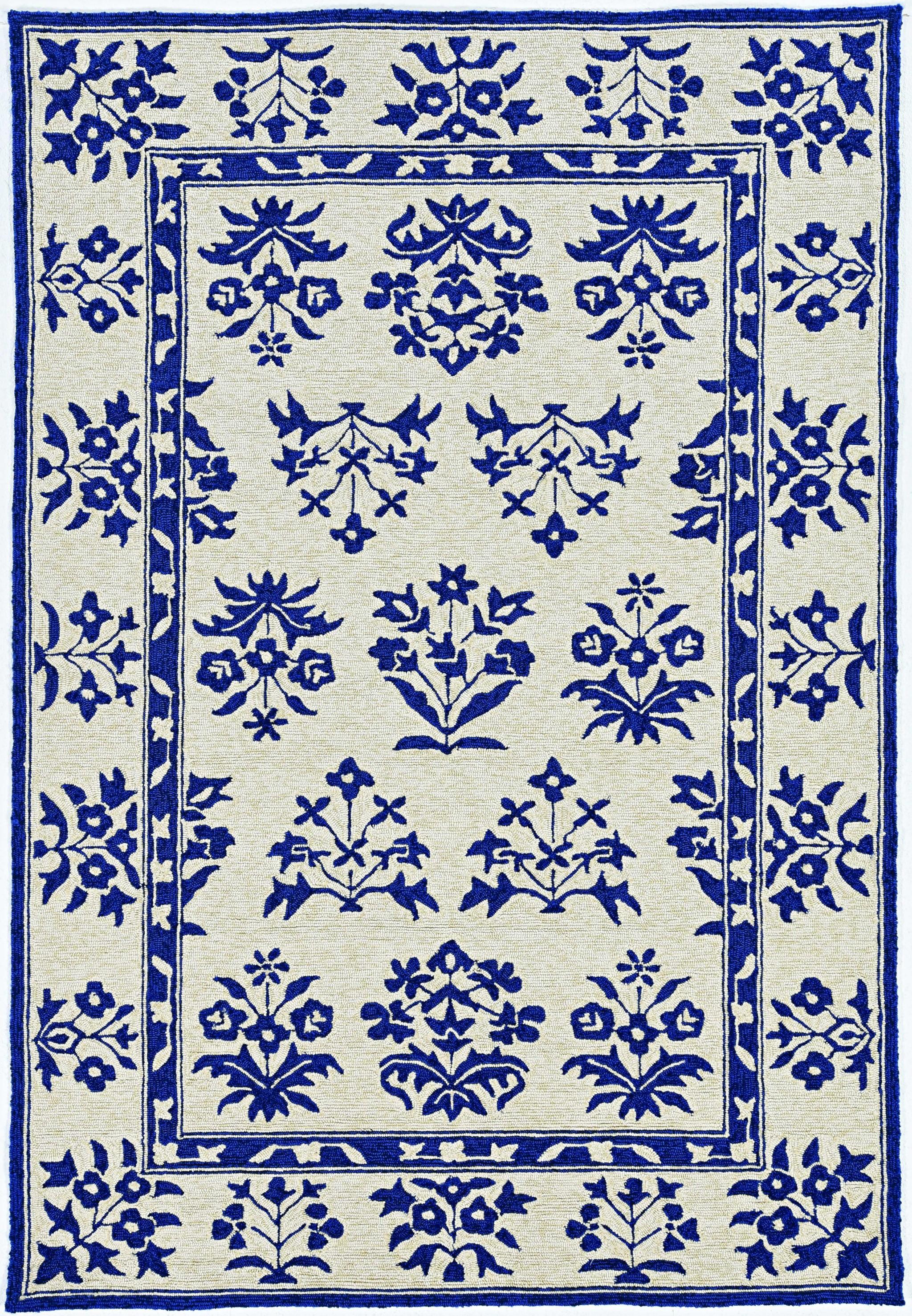 3'x5' Sand Blue Hand Hooked UV Treated Traditional Floral Design Indoor Outdoor Rug